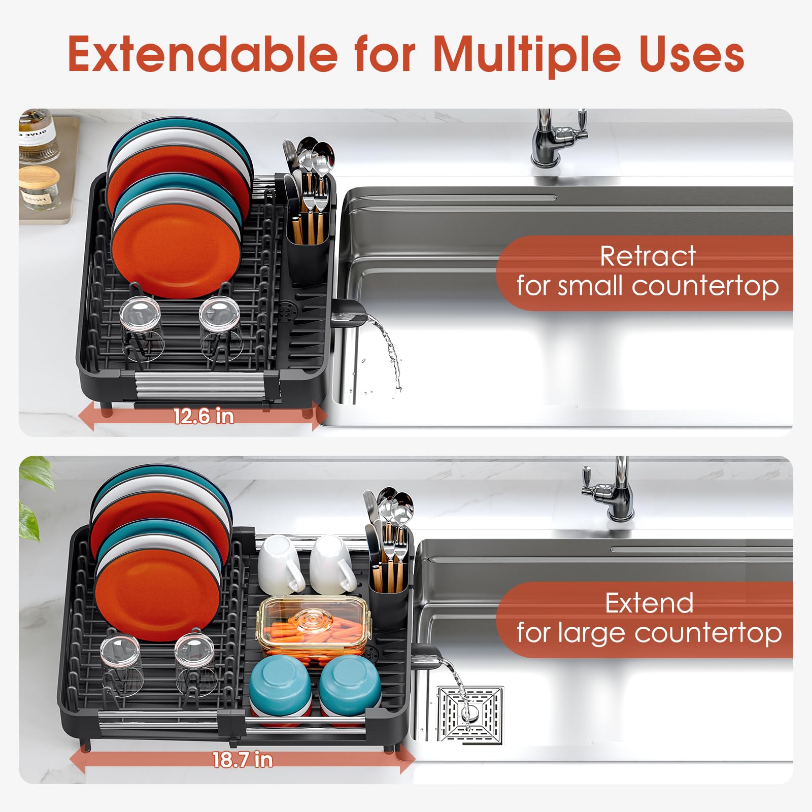 TOOLF dish drying rack with integrated drainage spout keeps the counter dry.