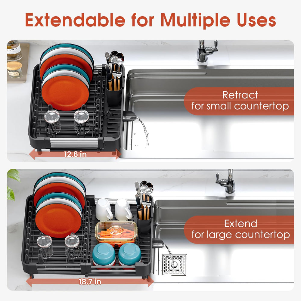 TOOLF dish drying rack with integrated drainage spout keeps the counter dry.