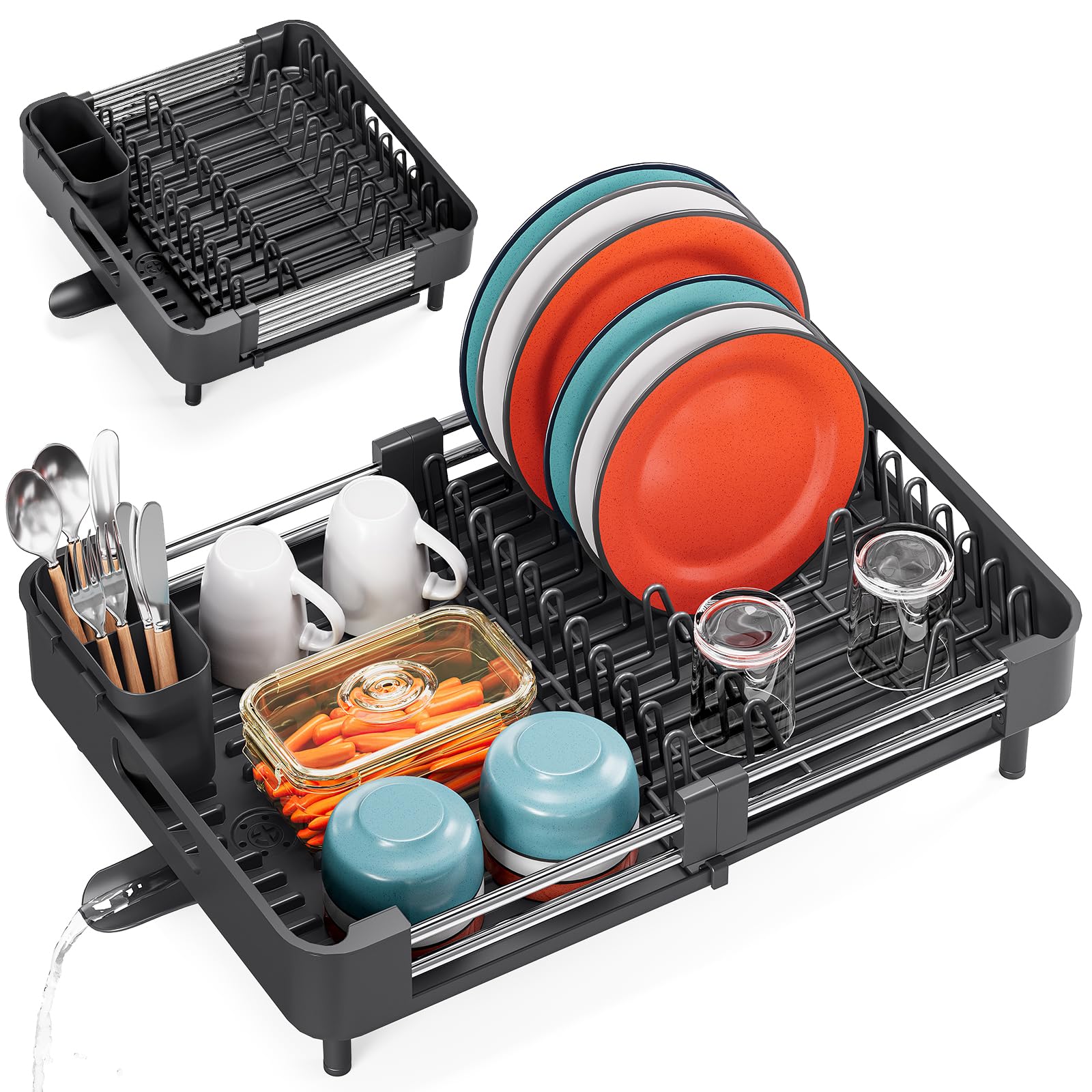TOOLF dish drying rack extended to 18.7 inches for larger loads.