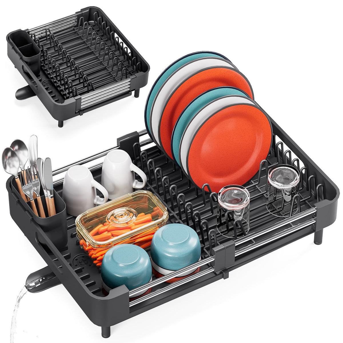 TOOLF dish drying rack extended to 18.7 inches for larger loads.