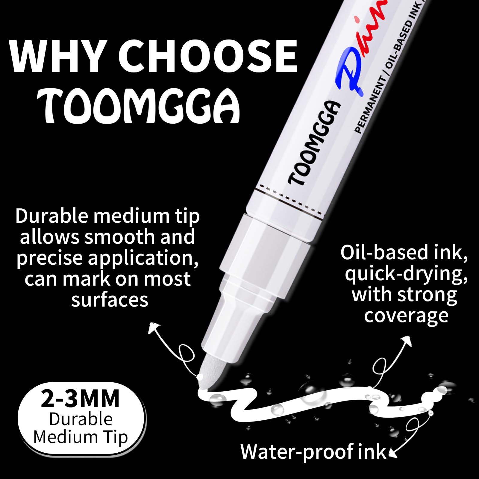 TOOMGGA white paint marker on metal surfaces for durable labeling.