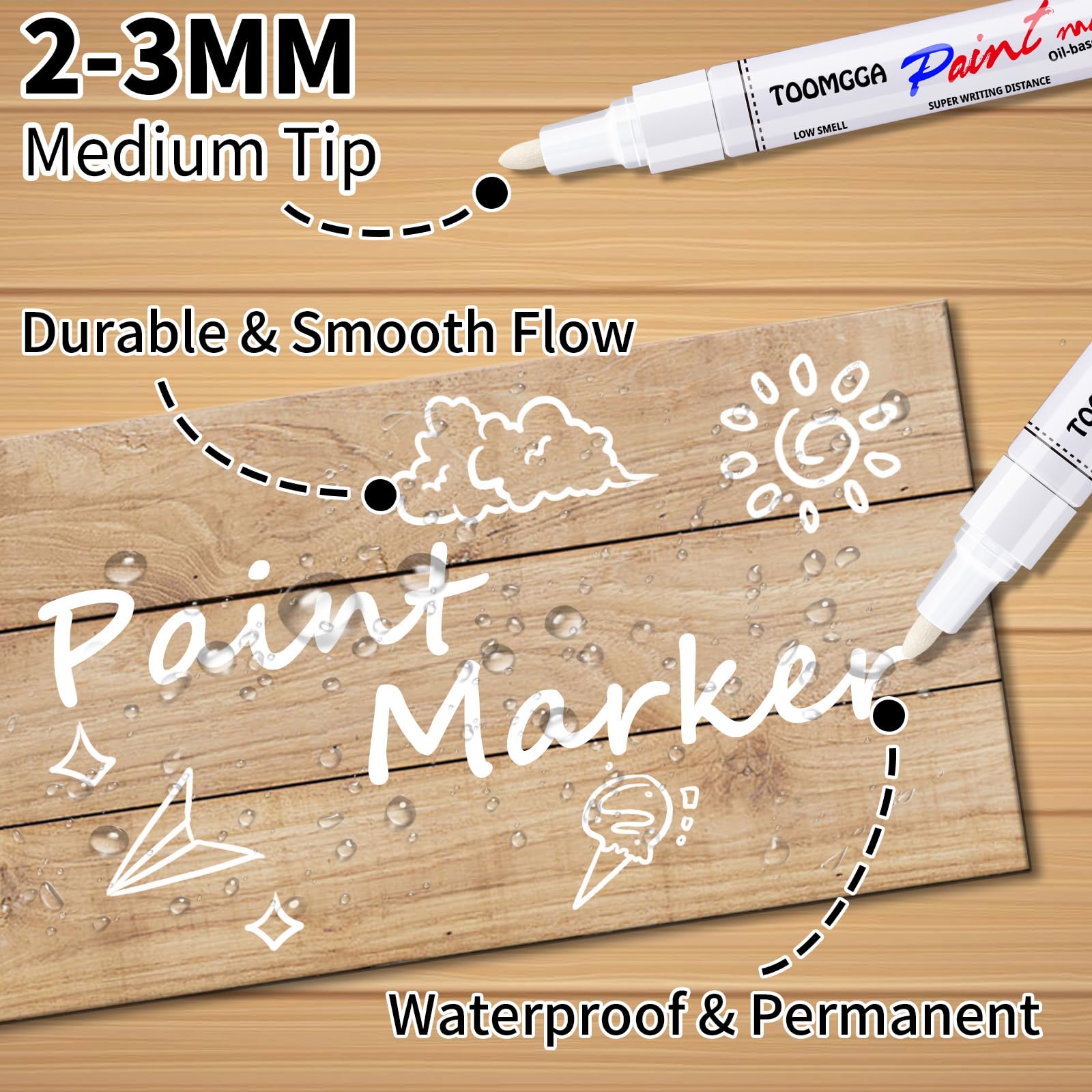 TOOMGGA white paint marker drying time visual indicating quick-dry performance.