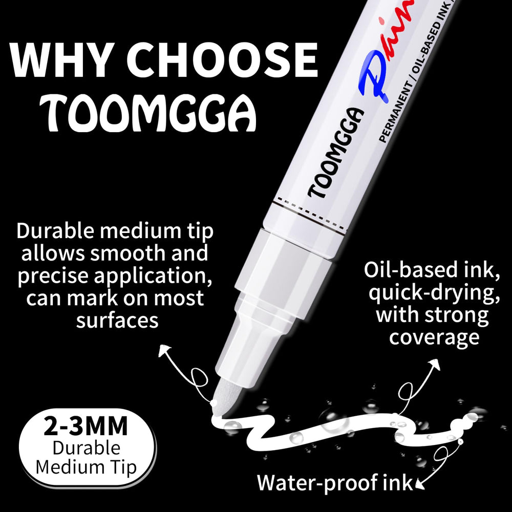 TOOMGGA white paint marker nib close-up highlighting 2–3 mm line thickness.