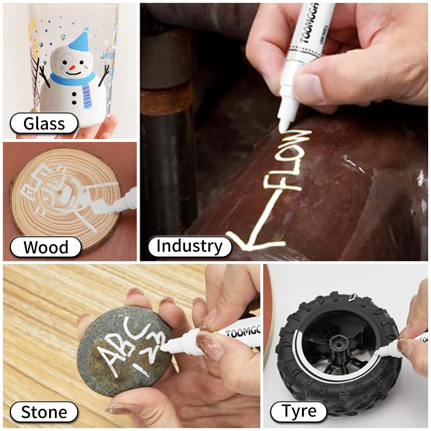 TOOMGGA white paint marker on metal demonstrates opaque, durable lettering.