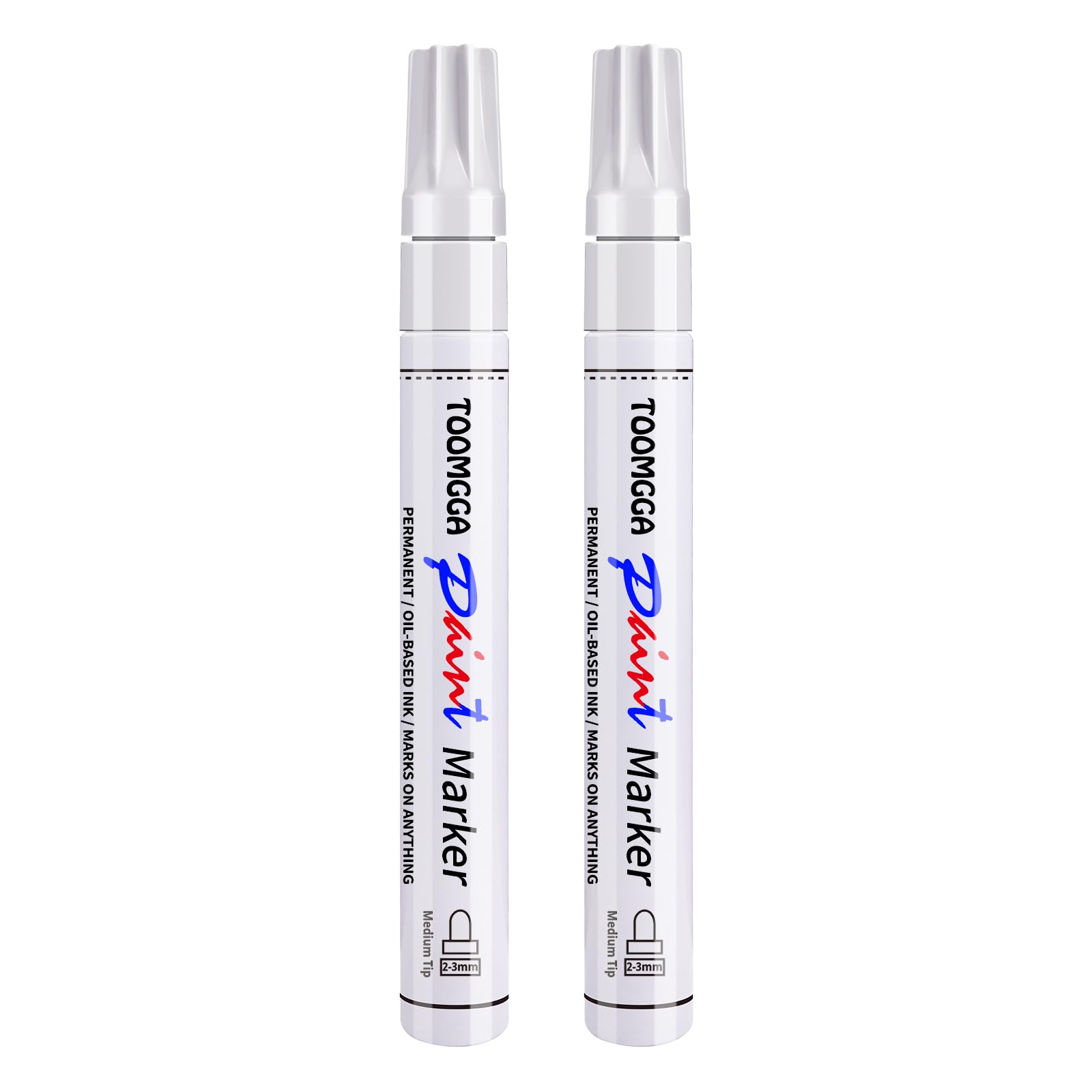 TOOMGGA white paint pens 2-pack for opaque coverage on light and dark surfaces.