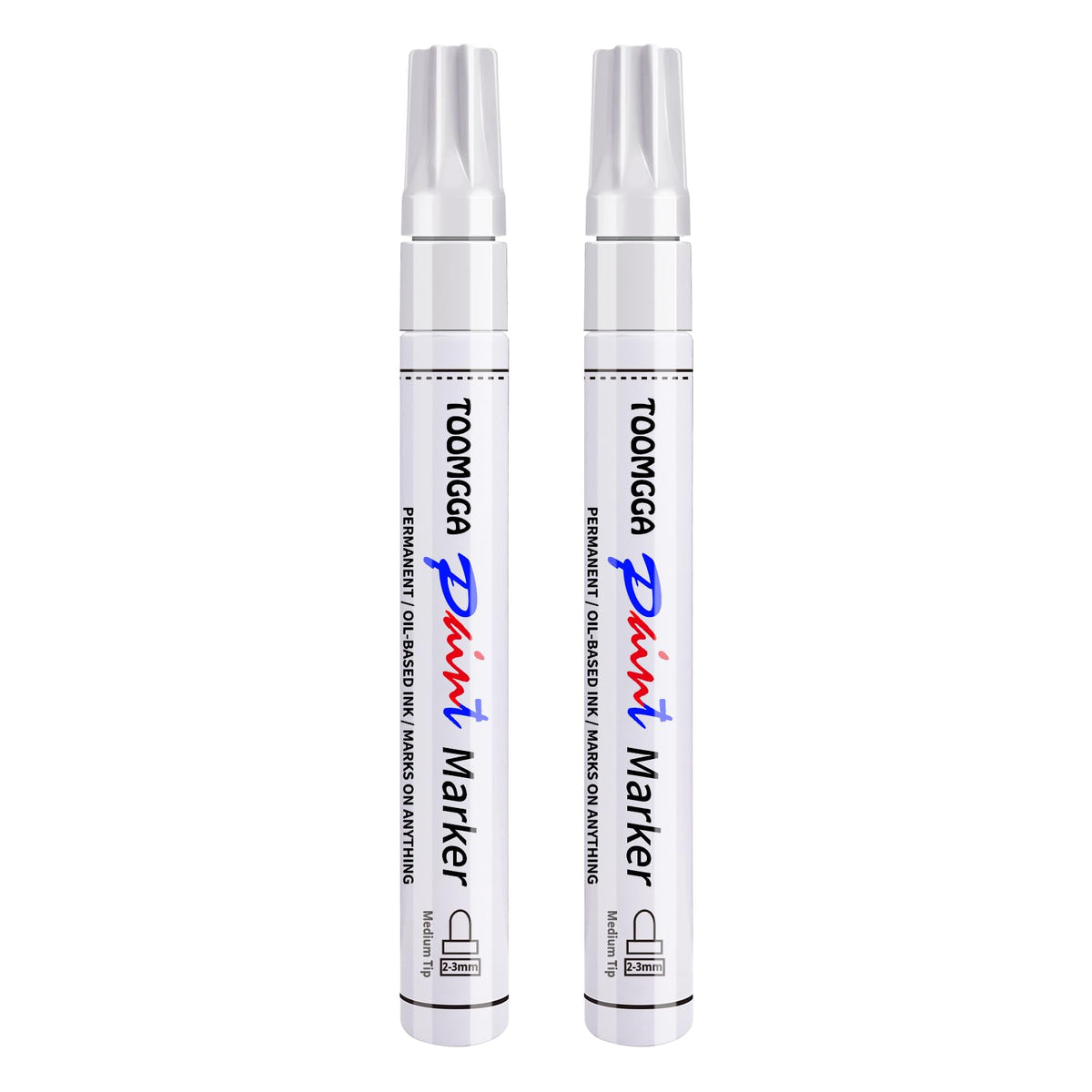 TOOMGGA white paint pens 2-pack for opaque coverage on light and dark surfaces.