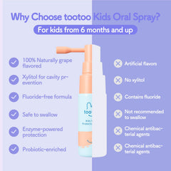 TooToo Kids Oral Spray bottle closeup with natural ingredients.