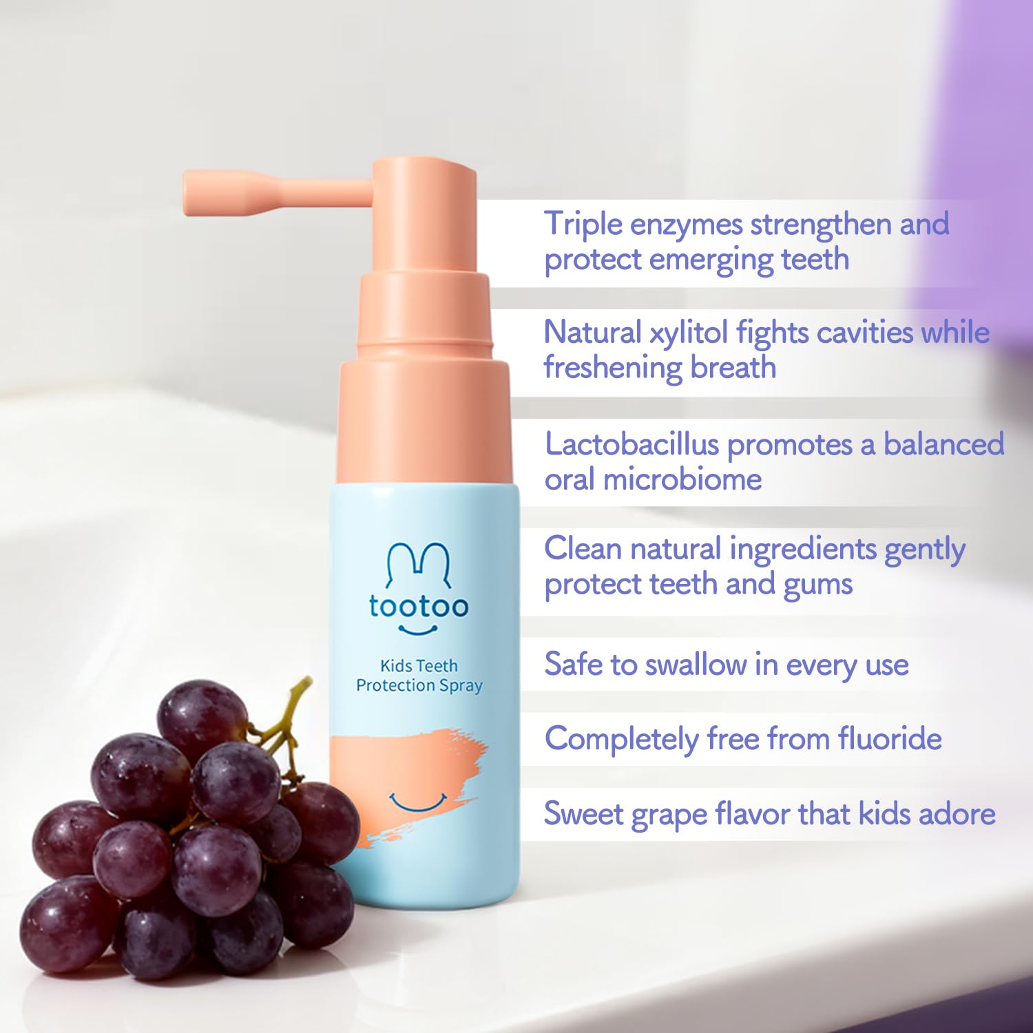 TooToo Kids spray highlighting xylitol and Lactobacillus for mouth balance.