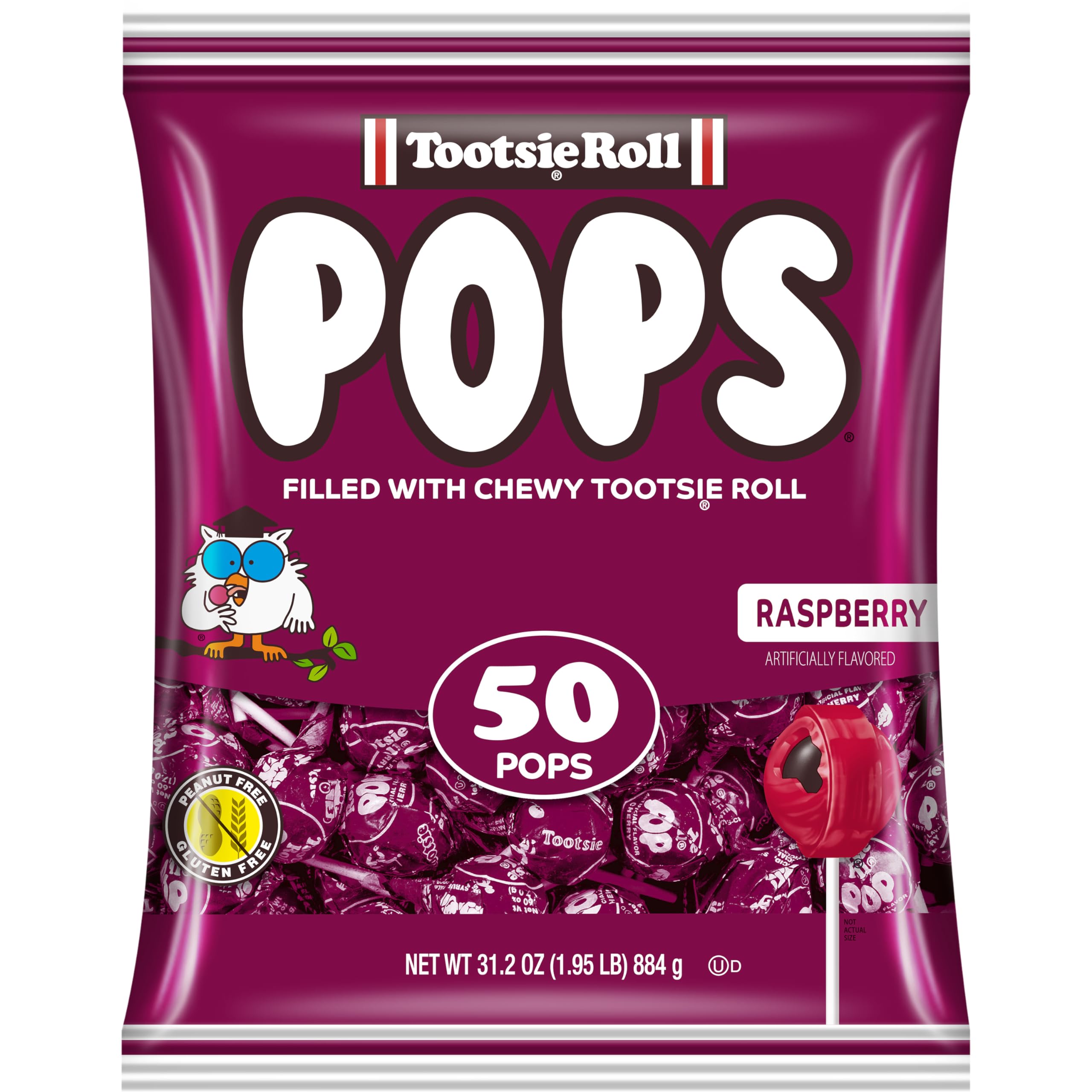 Tootsie Pops Raspberry shell and center closeup, nostalgic treat.