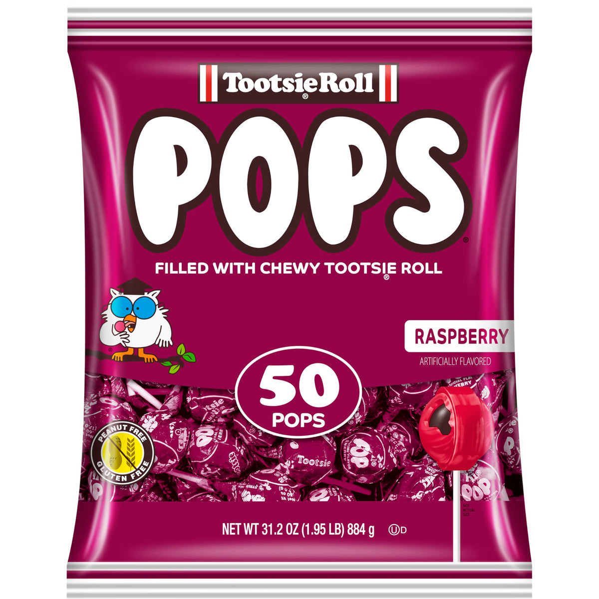 Tootsie Pops Raspberry shell and center closeup, nostalgic treat.