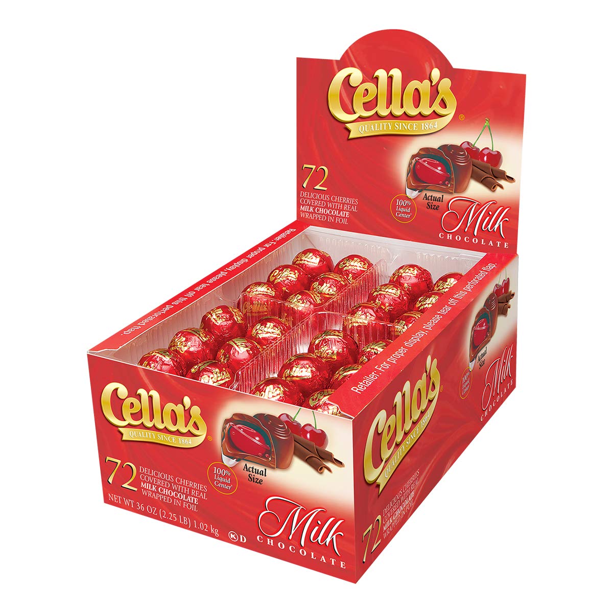 Tootsie Roll Cella's milk chocolate covered cherries in a display box, premium gift-ready.