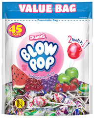 Tootsie Roll Charms Blow Pop box with assorted flavors for family snacking.
