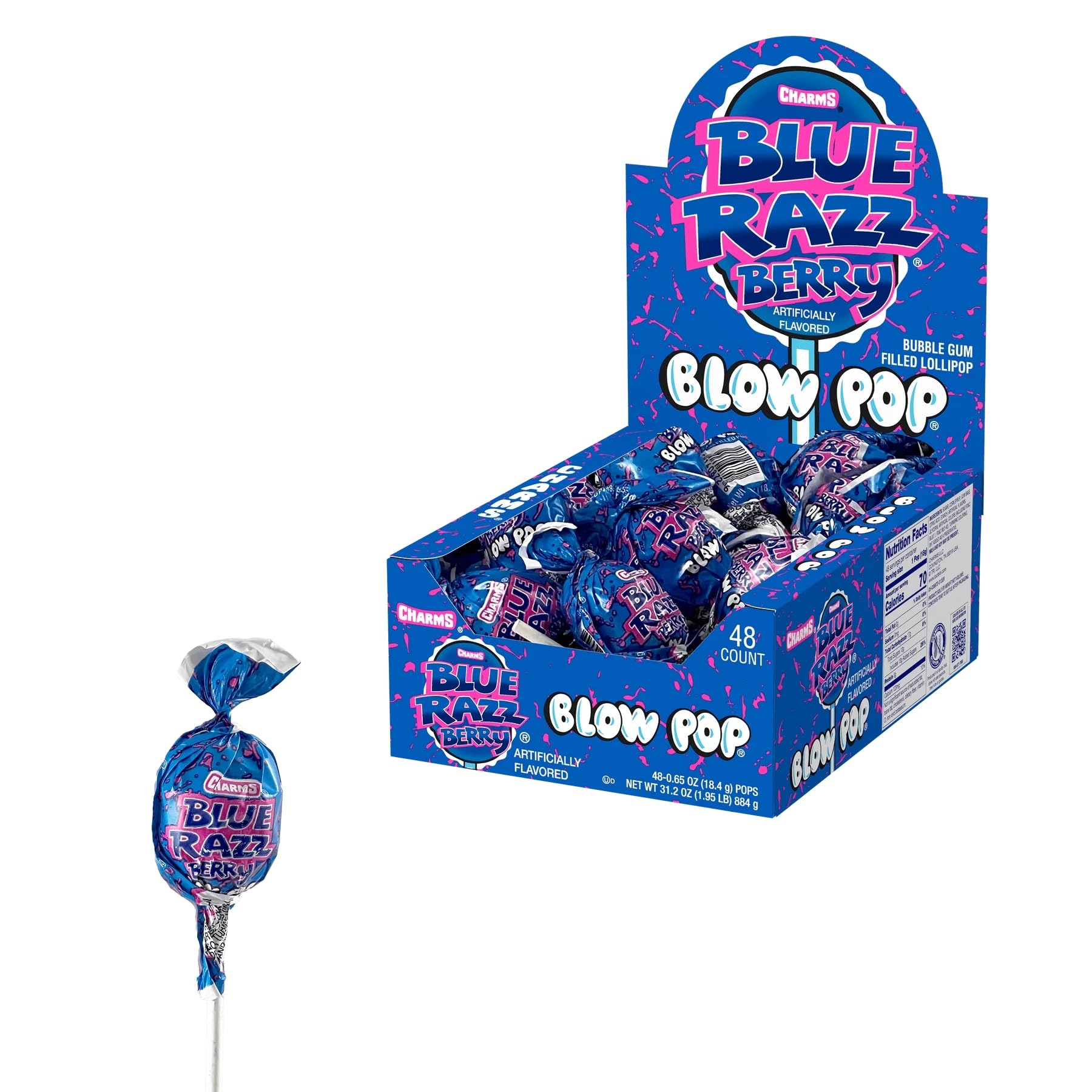 Tootsie Roll Charms Blow Pops Blue Razz Berry front view, dual candy and gum.