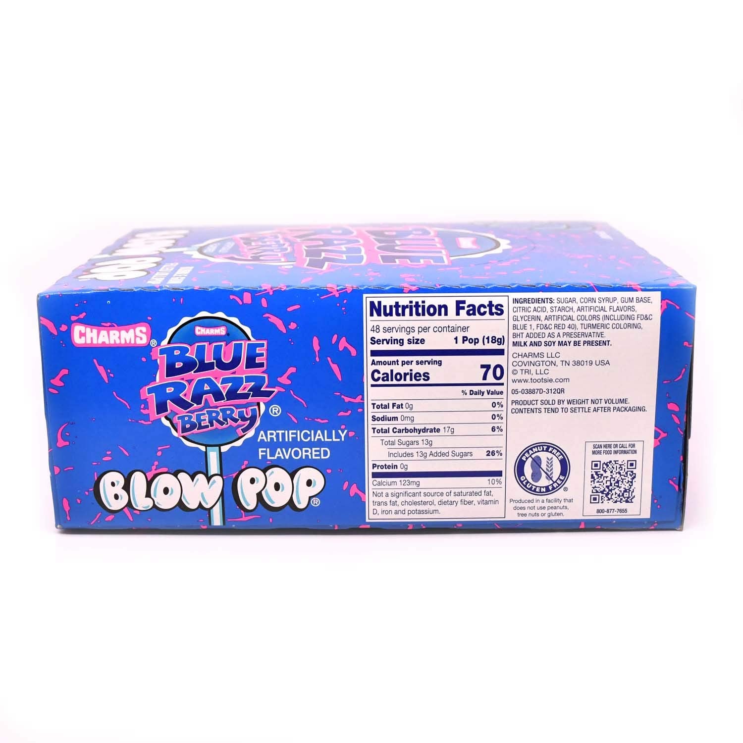 Tootsie Roll Charms Blow Pops Blue Razz Berry, side view in bulk packaging.