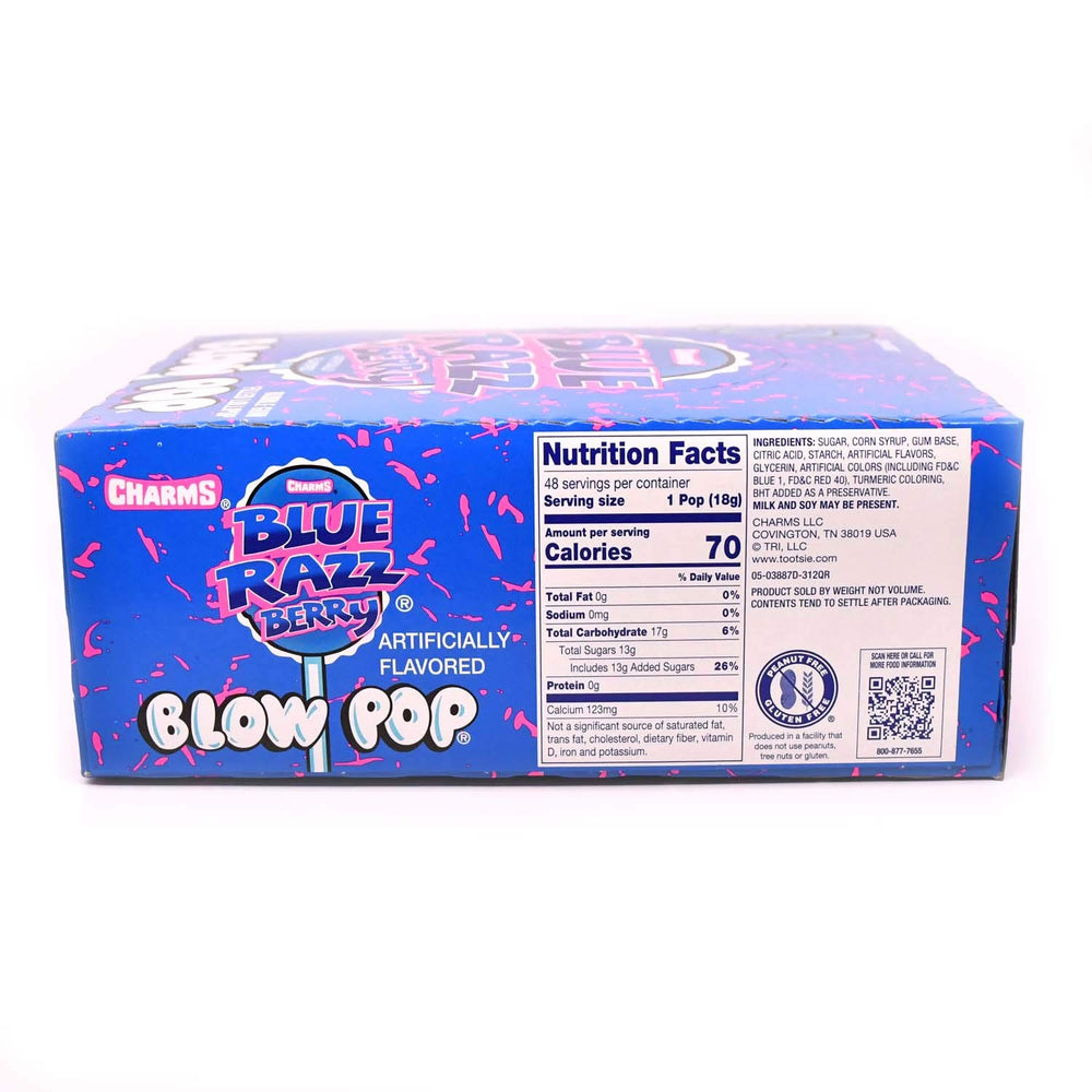 Tootsie Roll Charms Blow Pops Blue Razz Berry, side view in bulk packaging.
