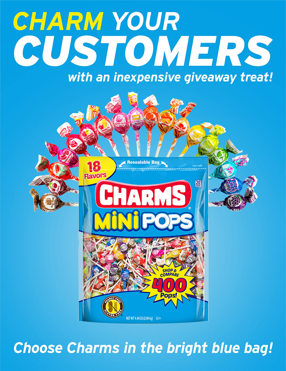 Charms Mini Pops Cherry flavor by Tootsie Roll, a bright, shareable treat for parties.