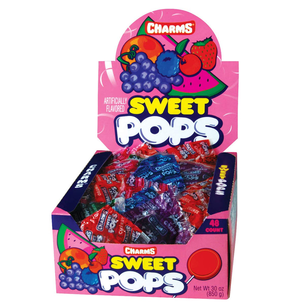Tootsie Roll Charms Sweet Pops fruit assortment visible in a 48-count box for sharing.