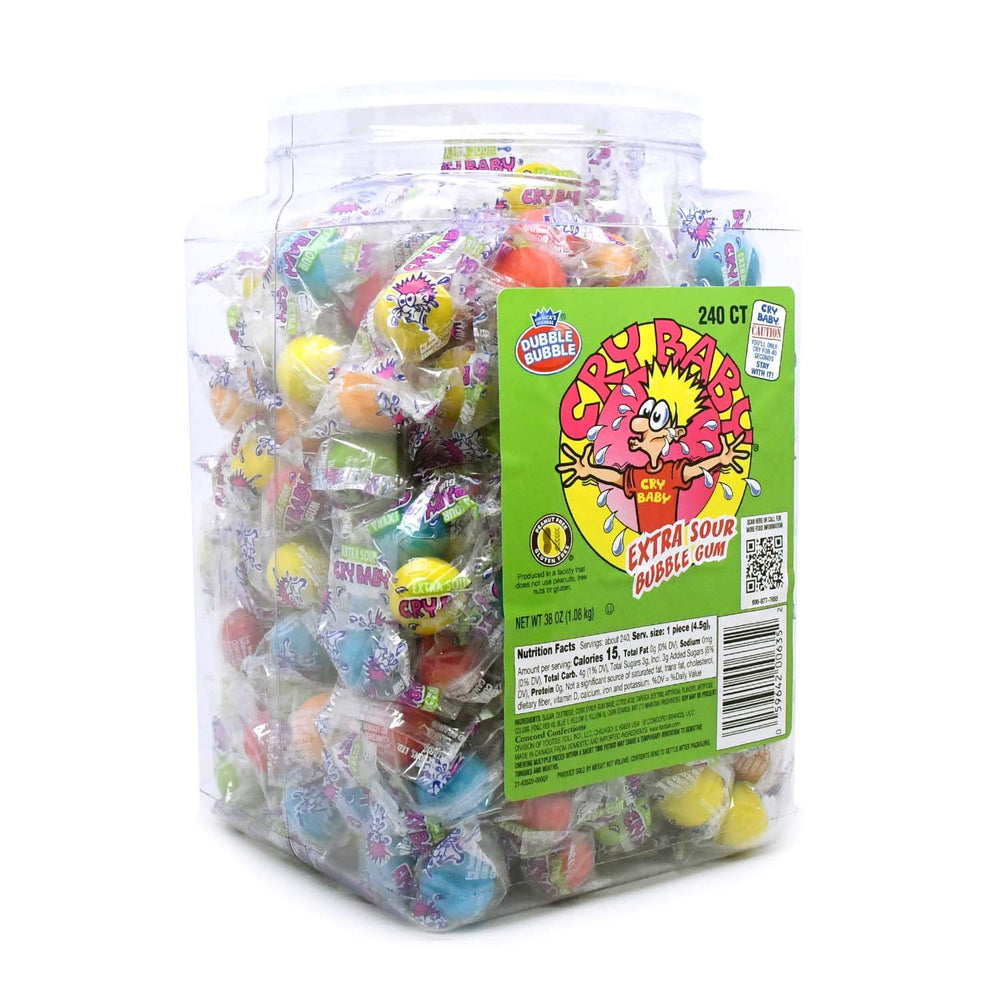 Tootsie Roll Cry Baby Extra Sour Gum jar close-up with bold lemon and cherry flavors