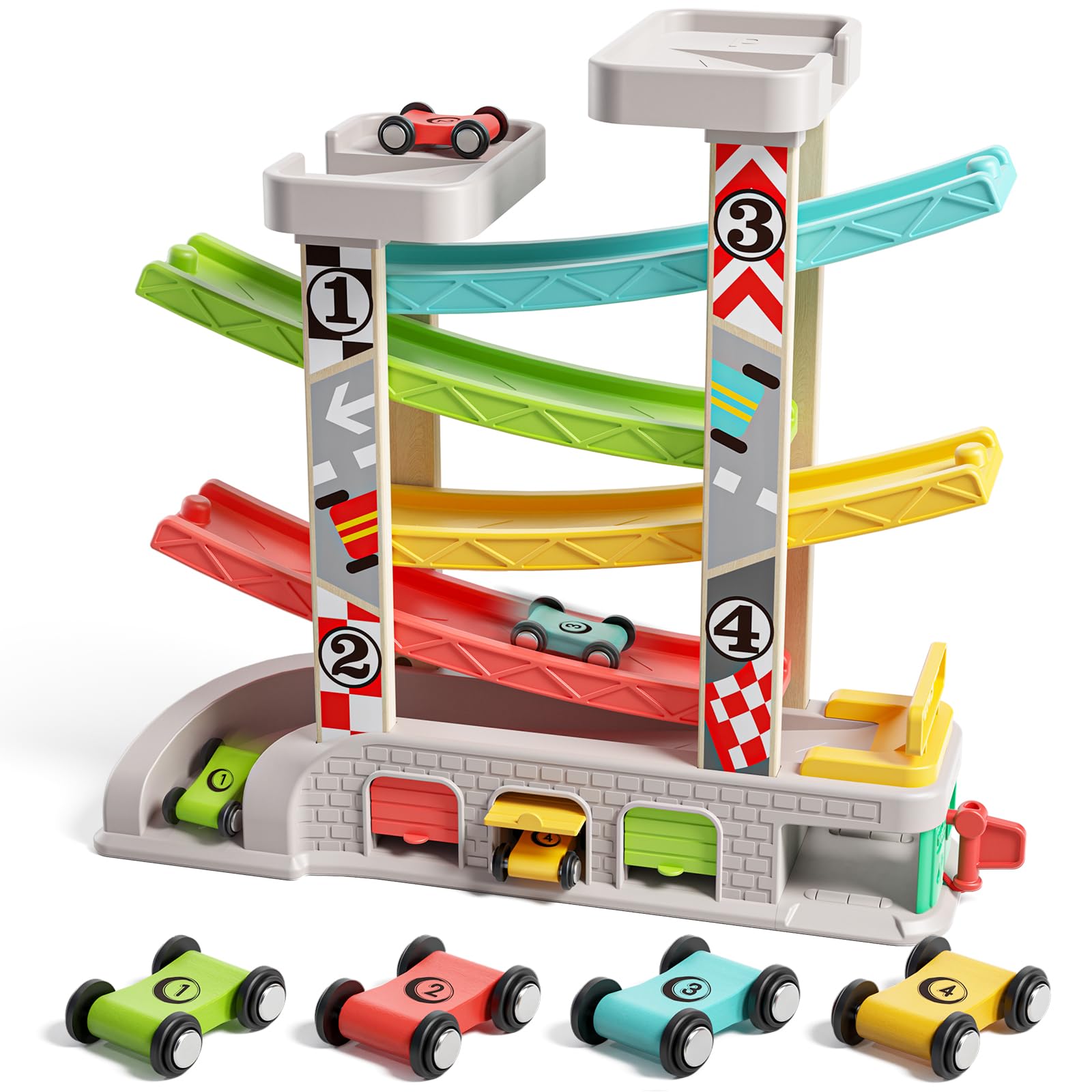 TOP BRIGHT car ramp toy with rooftop parking scene improves hand-eye coordination during play
