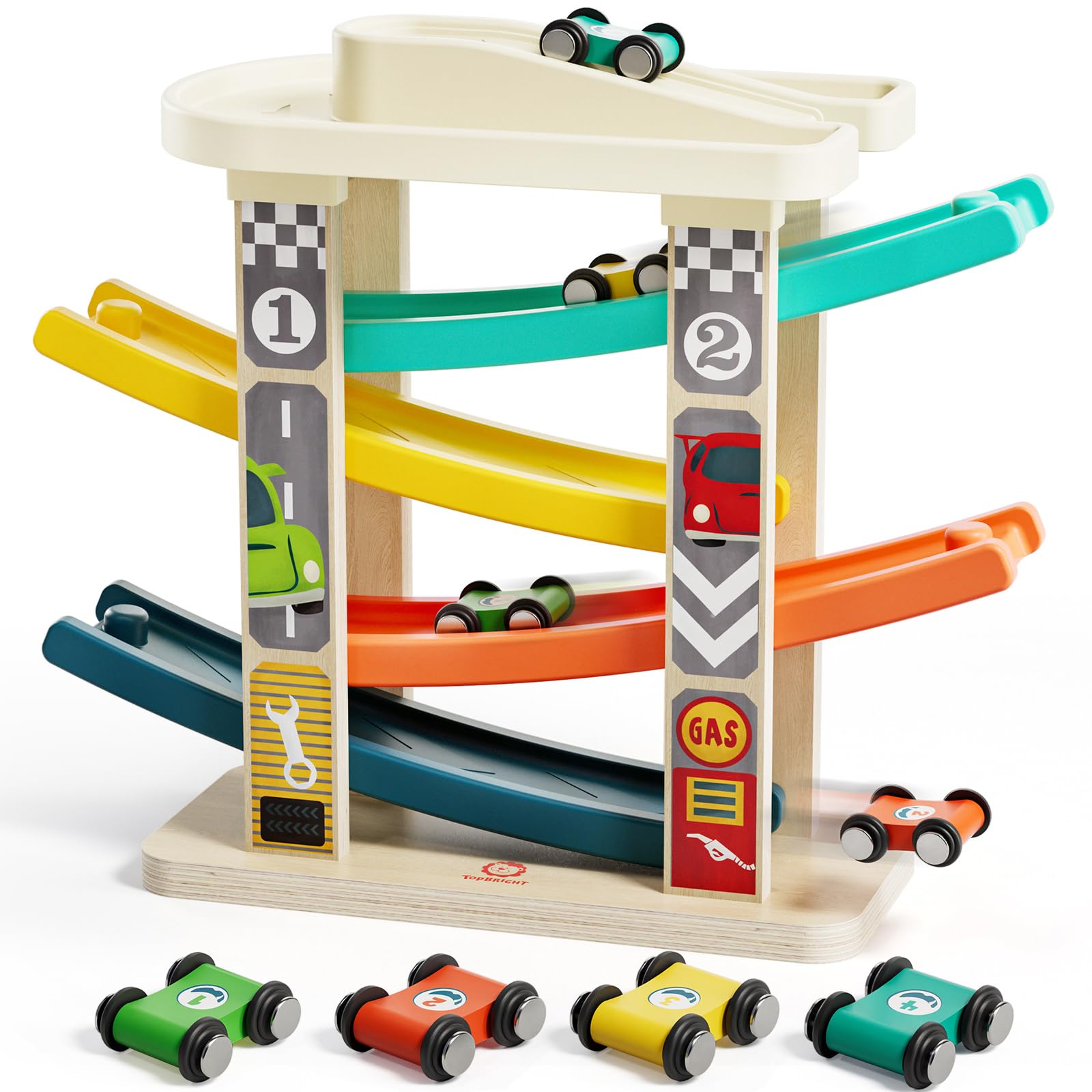 TOP BRIGHT toddler race track rooftop parking for organized play and easy car storage