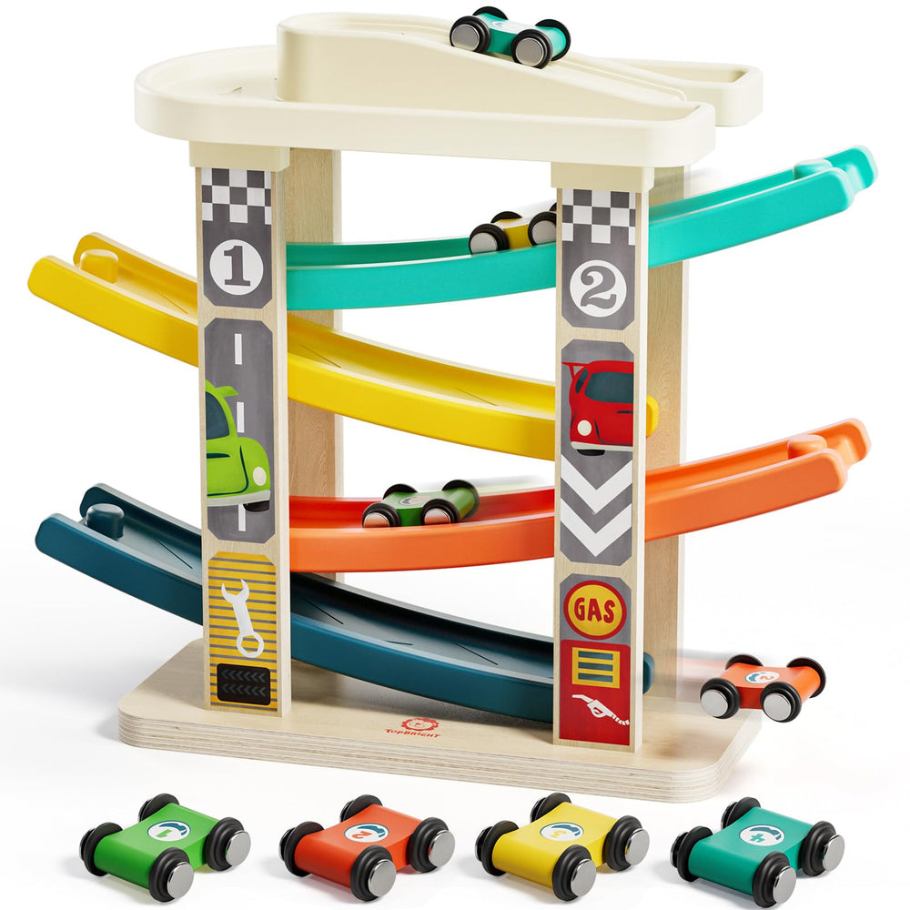 TOP BRIGHT toddler race track rooftop parking for organized play and easy car storage