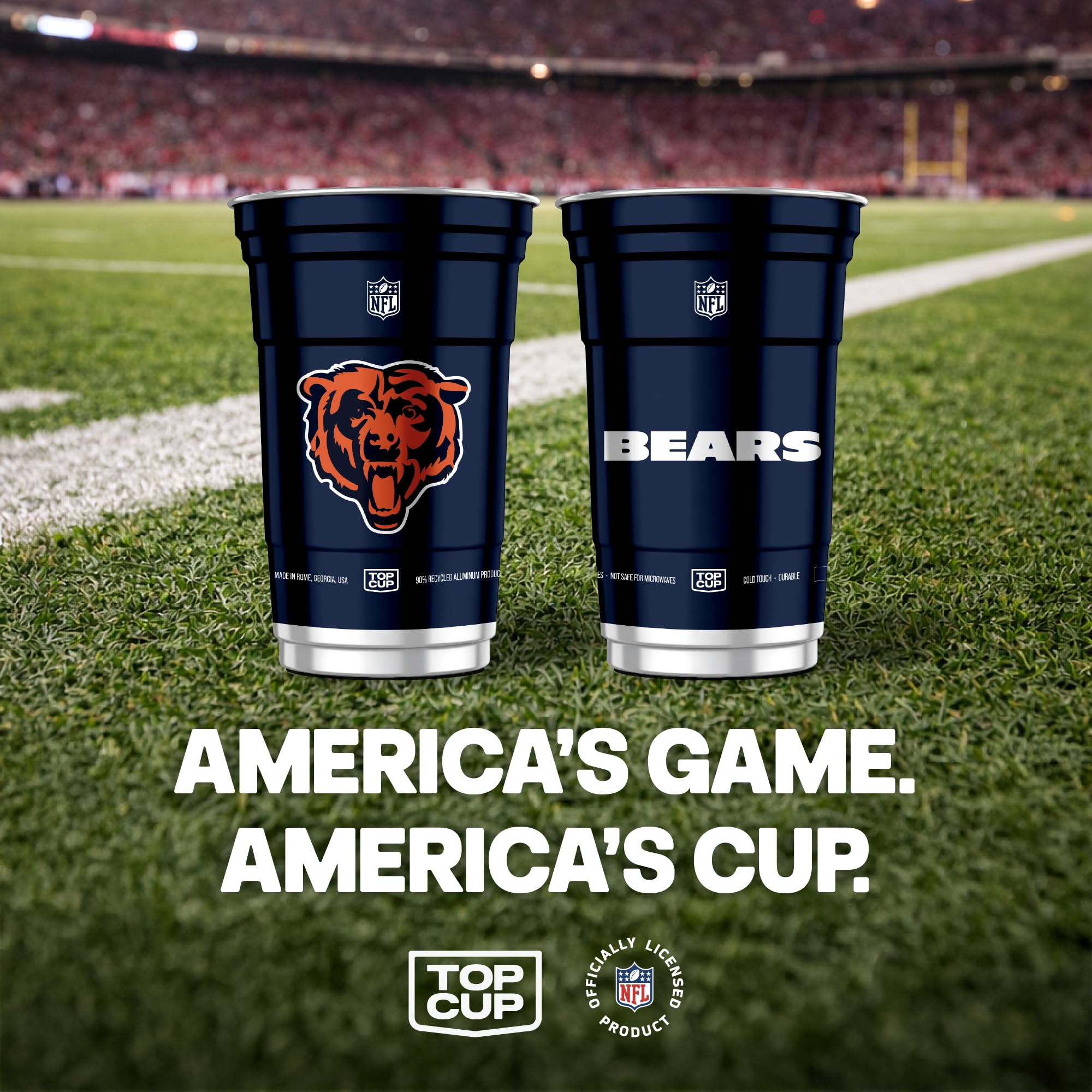 Top Cup Chicago Bears 20oz aluminum cup, cold drinks stay cooler during tailgates.
