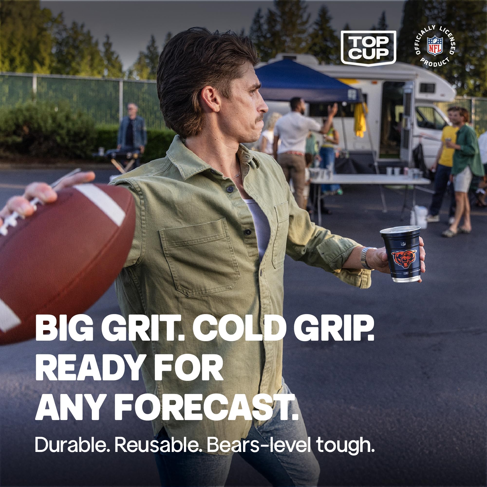 Top Cup Chicago Bears 20oz aluminum cup, stackable design fits crowded sidelines.