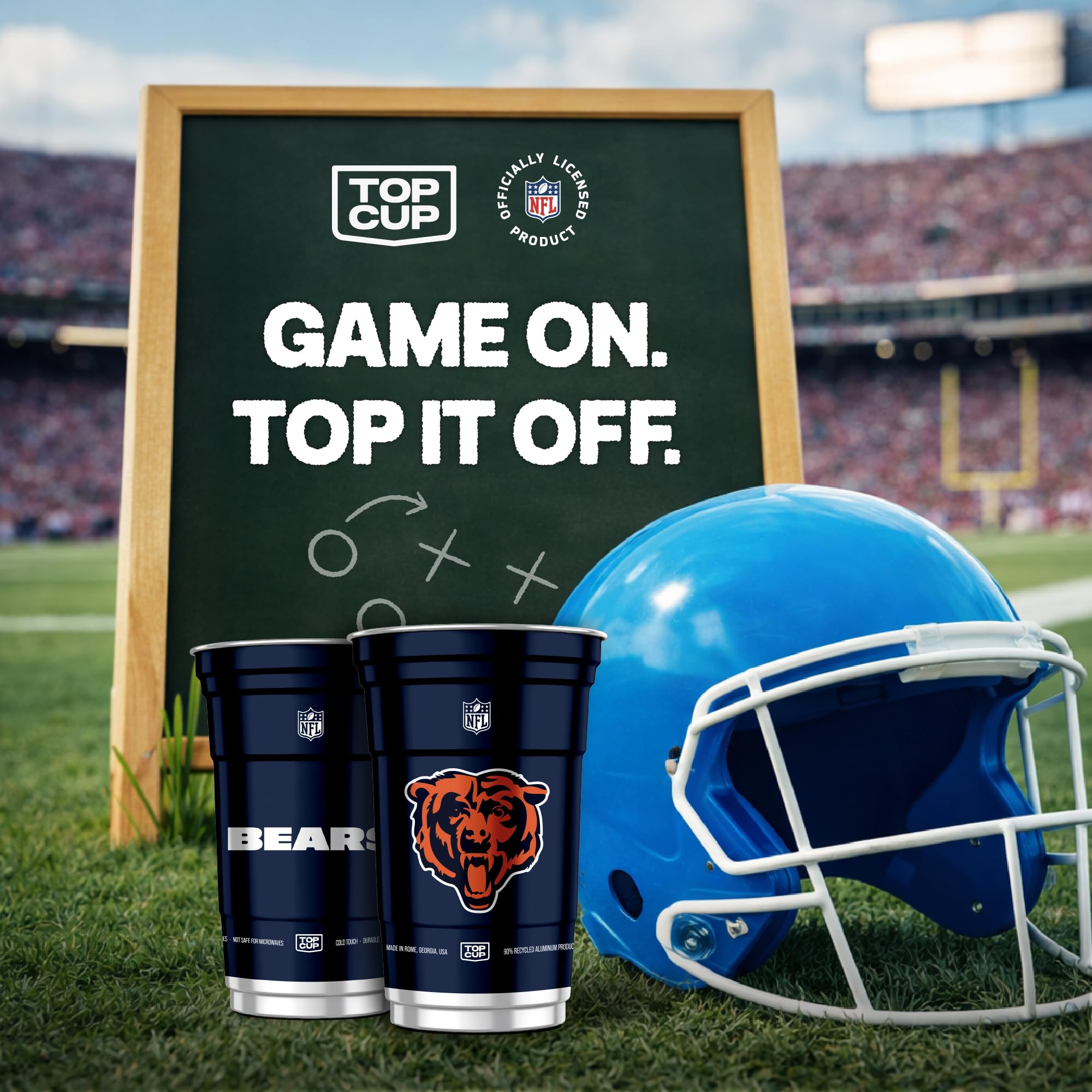 Top Cup Chicago Bears 20oz aluminum cup, durable for BBQs and watch parties.