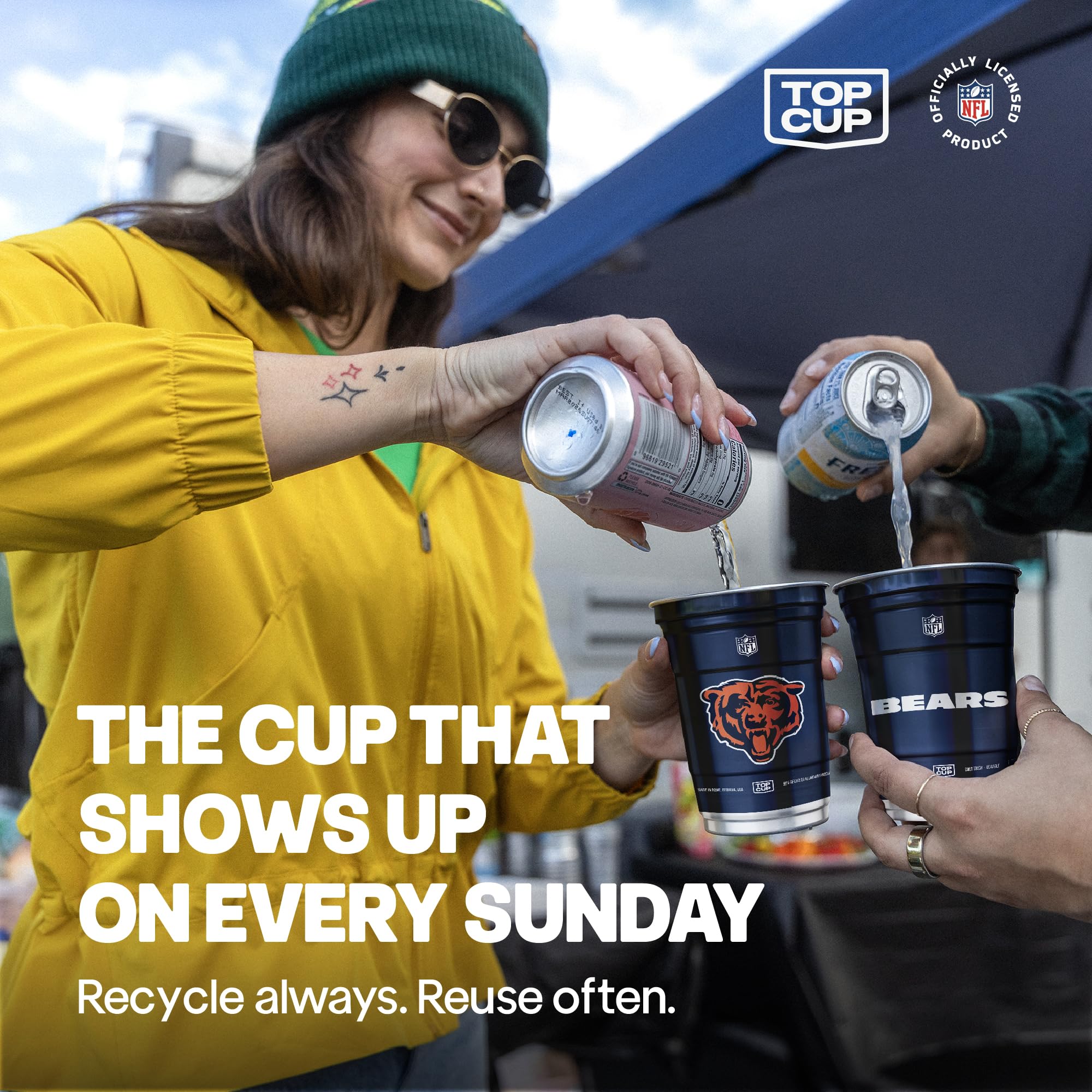 Top Cup Chicago Bears 20oz aluminum cup, 90% recycled aluminum supports sustainability.