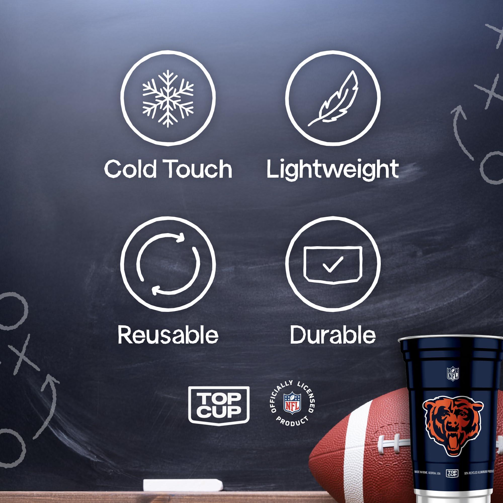 Top Cup Chicago Bears 20oz aluminum cup, dishwasher-safe for easy cleanup.