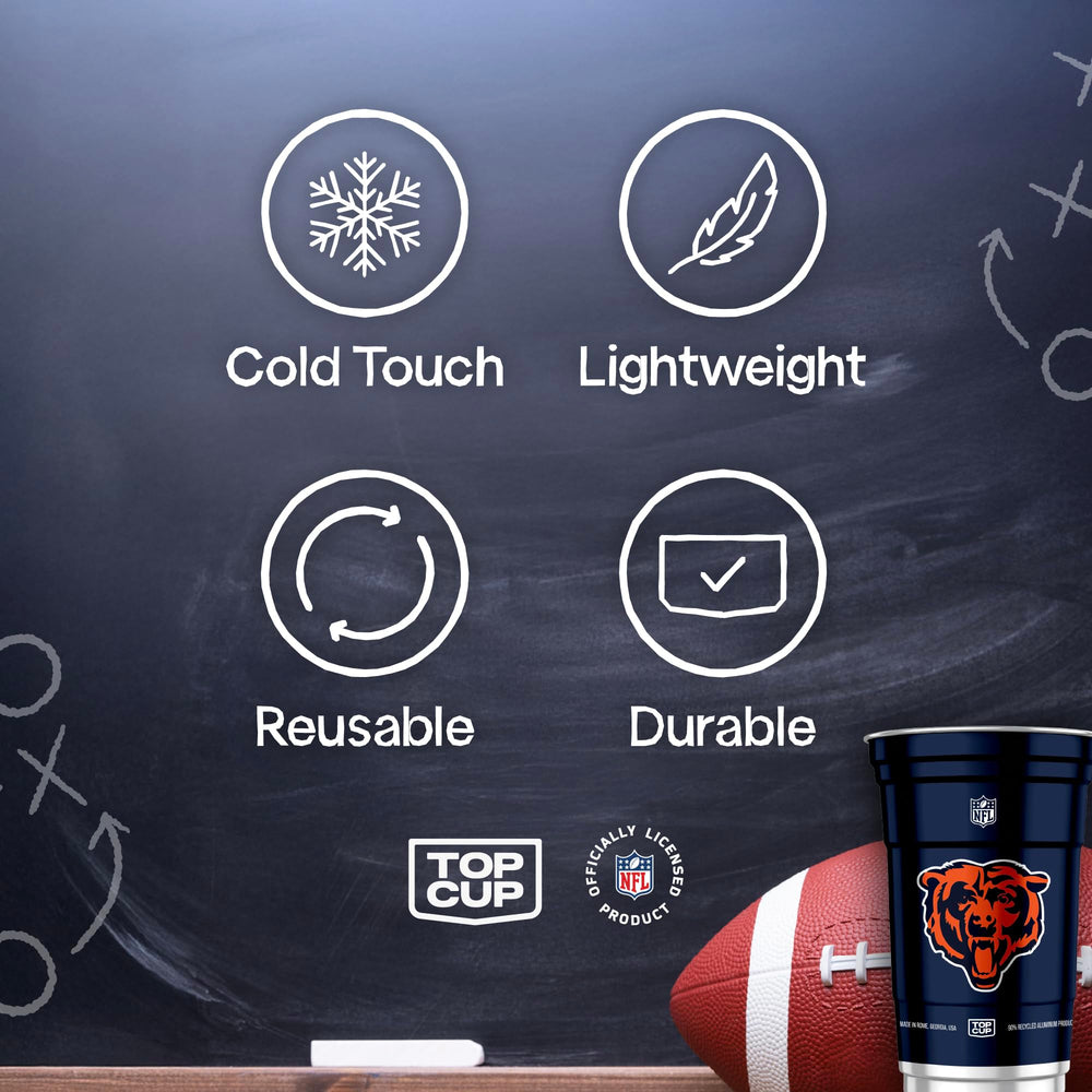 Top Cup Chicago Bears 20oz aluminum cup, dishwasher-safe for easy cleanup.