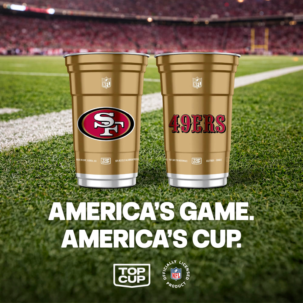 Top Cup NFL 49ers 20oz cup – packaging shot emphasizes ready-to-use tailgate accessory.