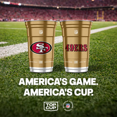 Top Cup NFL 49ers 20oz cup – packaging shot emphasizes ready-to-use tailgate accessory.