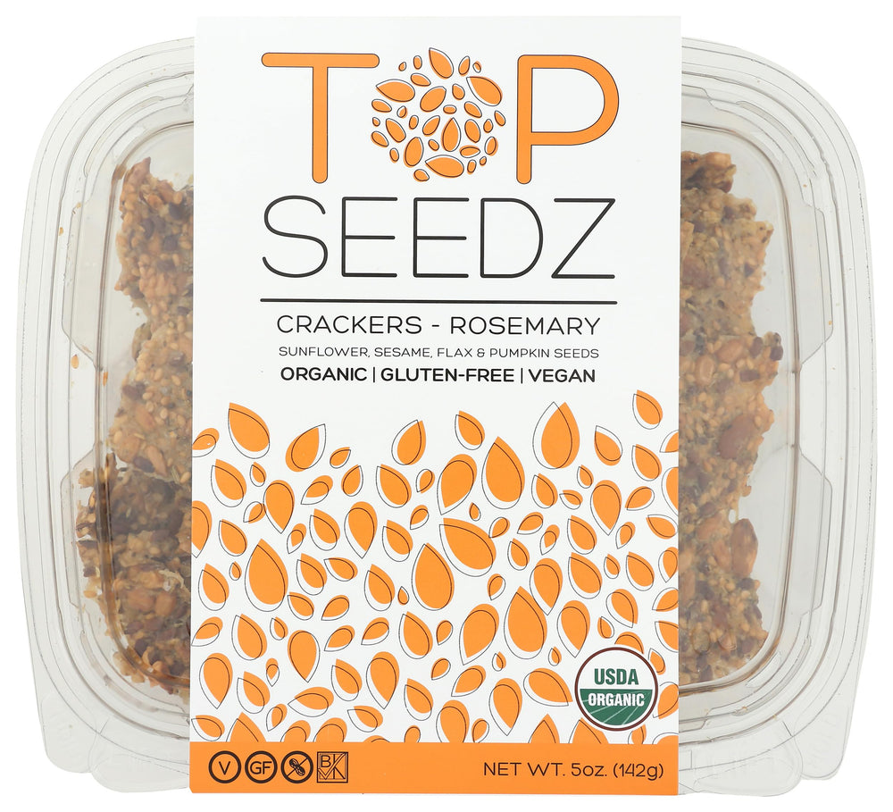 Top Seedz Rosemary Organic Crackers in a resealable bag with crisp texture and rosemary aroma
