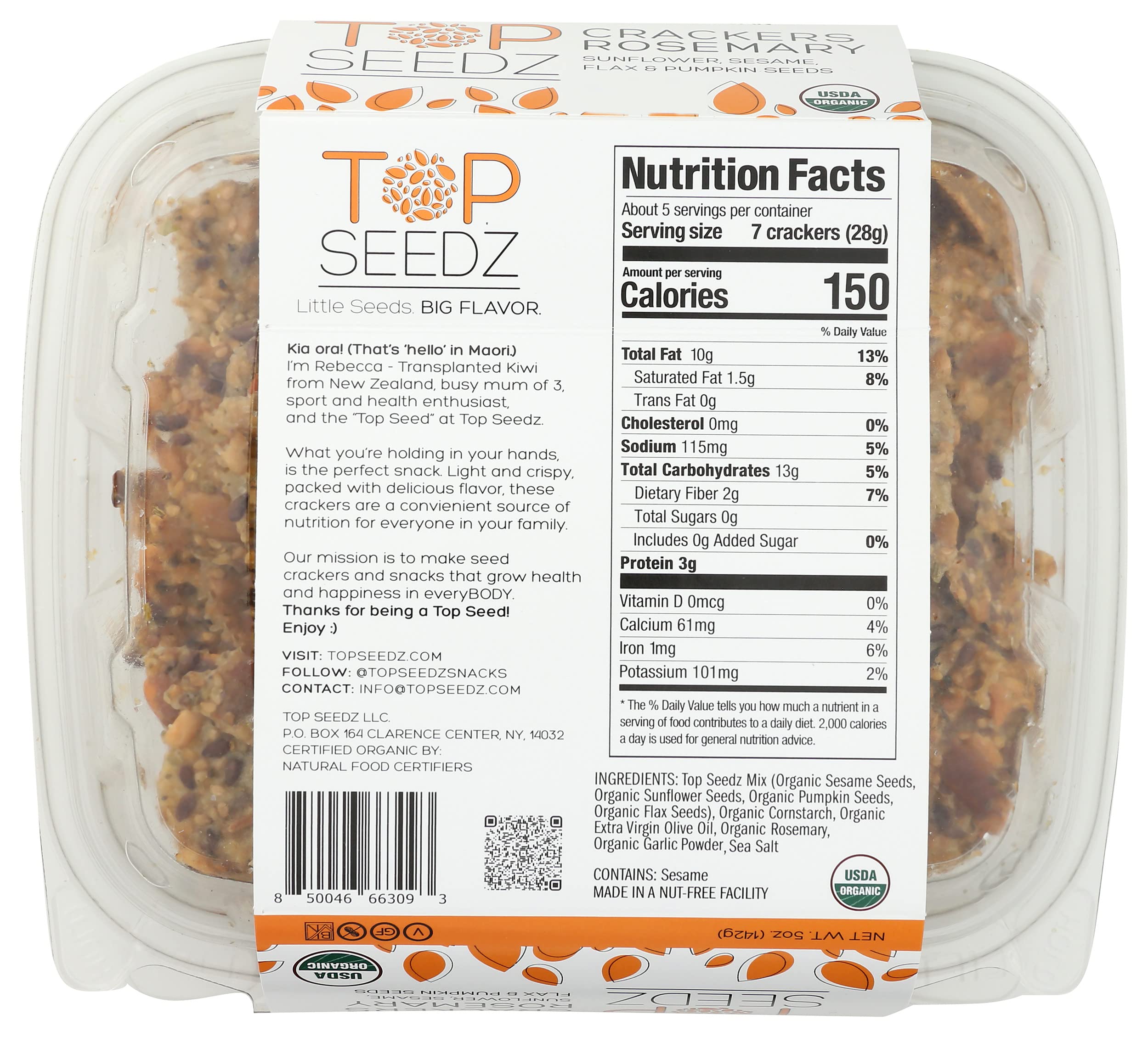 Close-up of Top Seedz Rosemary Organic Crackers ingredients highlighting organic, vegan, gluten-free attributes