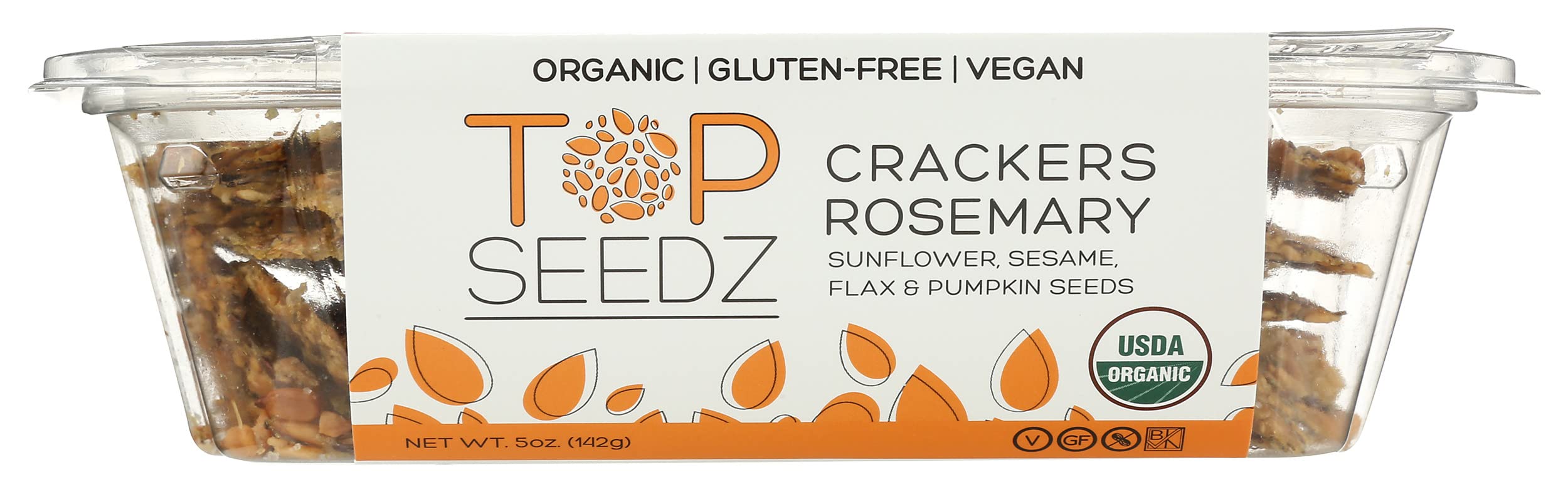 Top Seedz Rosemary Organic Crackers highlighting gluten-free and nut-free icons
