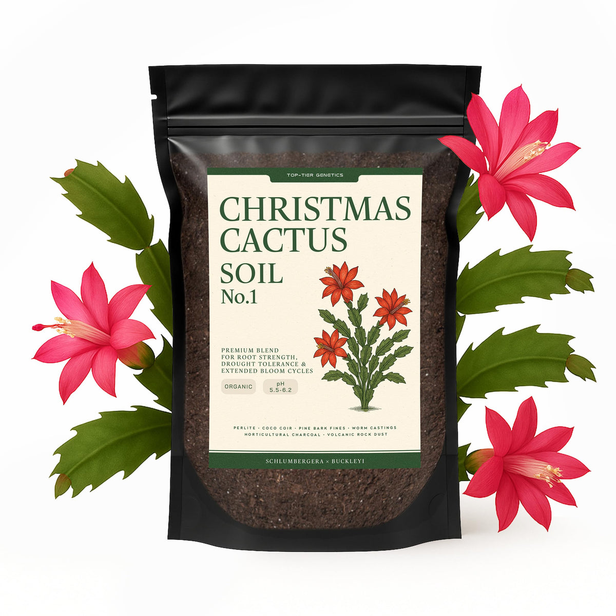 Top Tier Genetics premium Christmas Cactus soil bag showing balanced drainage for healthy roots.