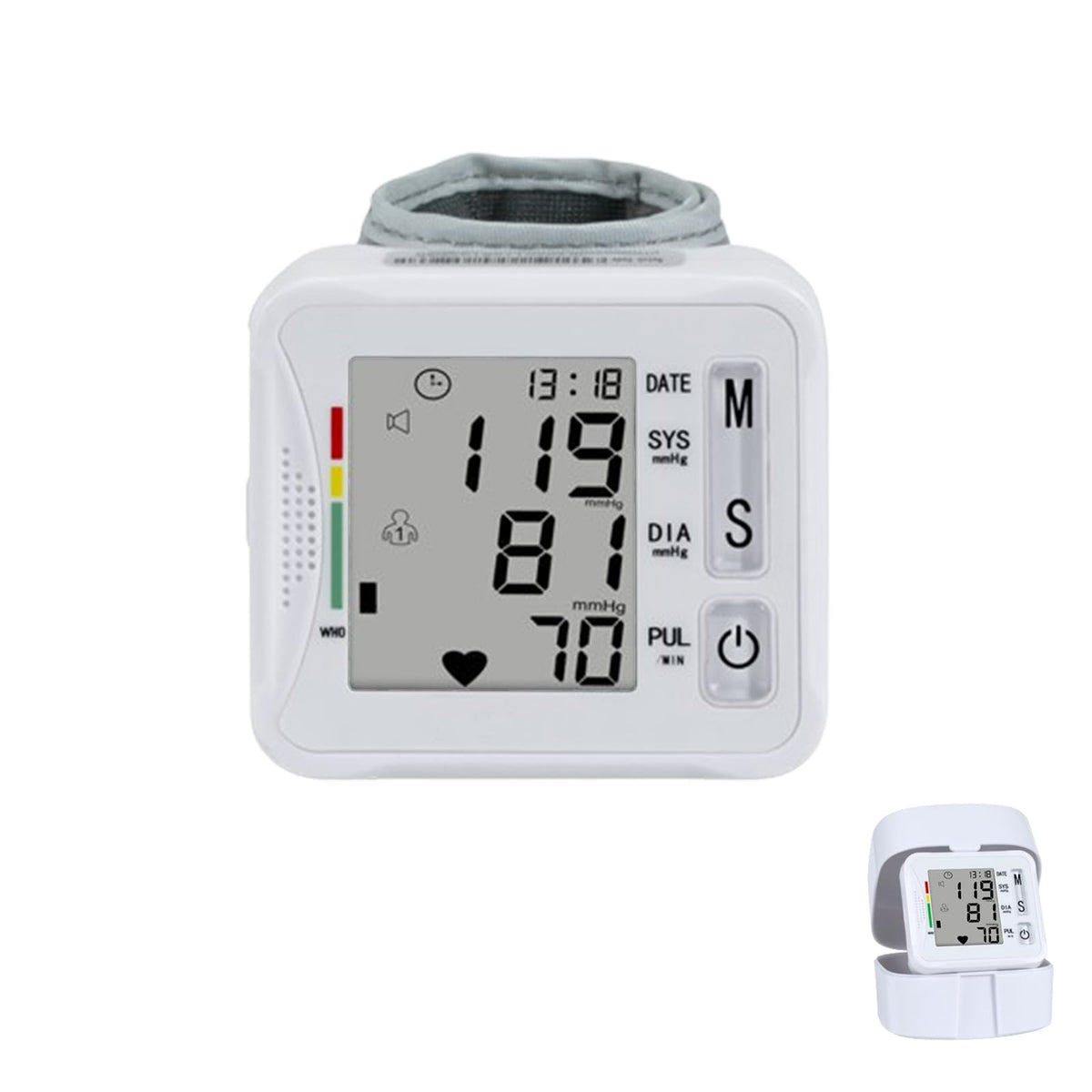 TopBOMED electronic BP monitor with LCD display shows clear wrist readings.