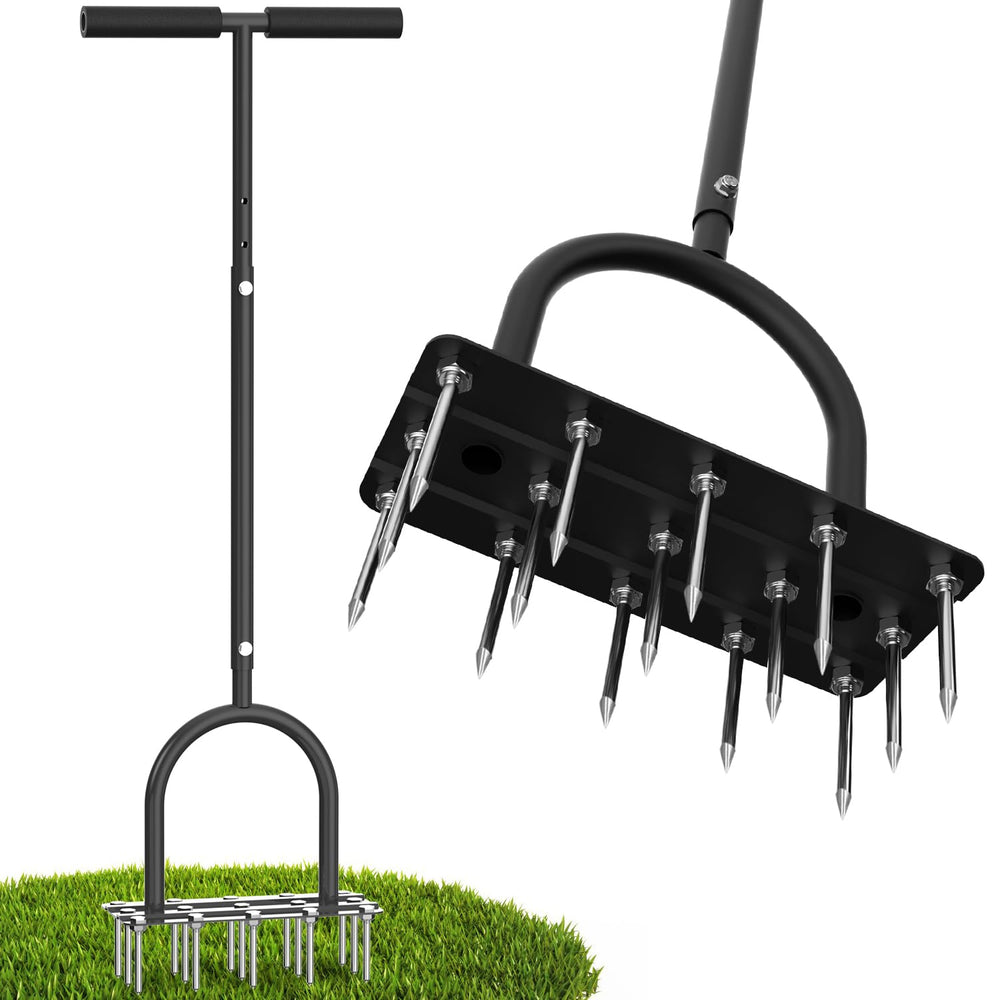 TOPHDY Aerator with 15 spikes penetrating soil for deeper aeration and root access.