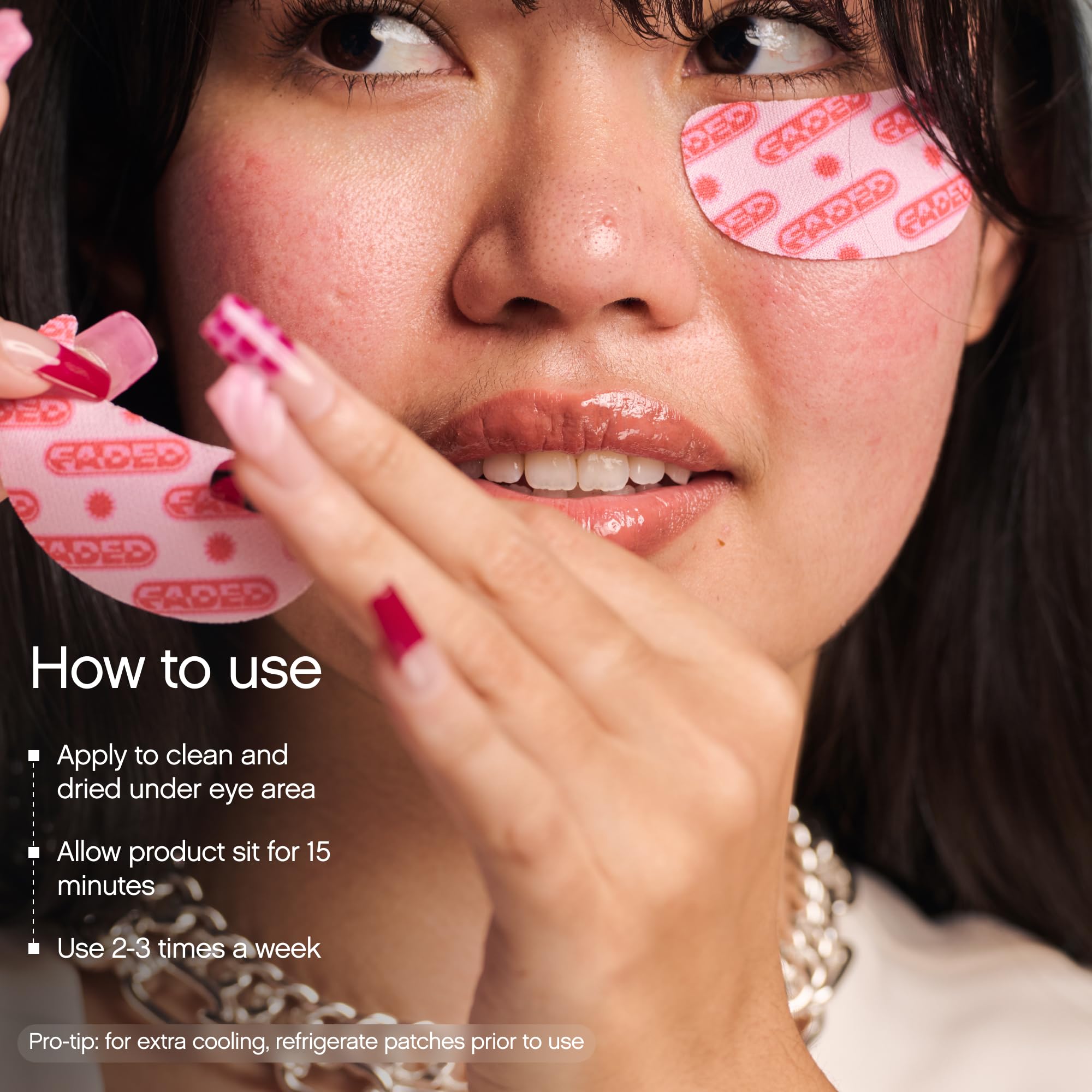 Topicals Faded under-eye masks being applied to the eye area for a brighter appearance.