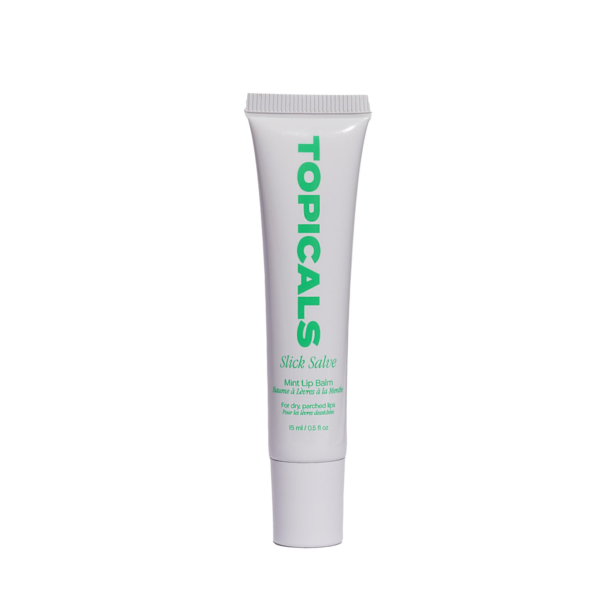 Topicals Slick Salve mint glossy lip balm on white background, radiant moisture boost.