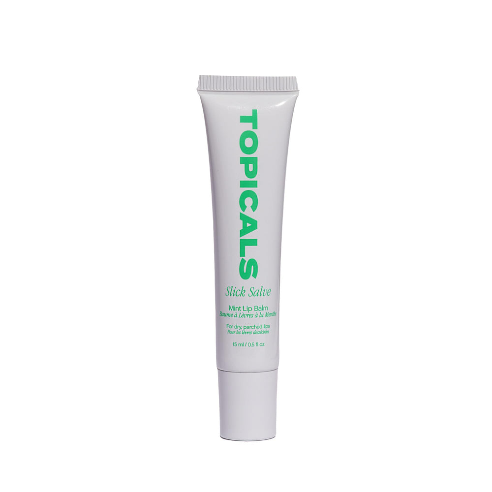 Topicals Slick Salve mint glossy lip balm on white background, radiant moisture boost.