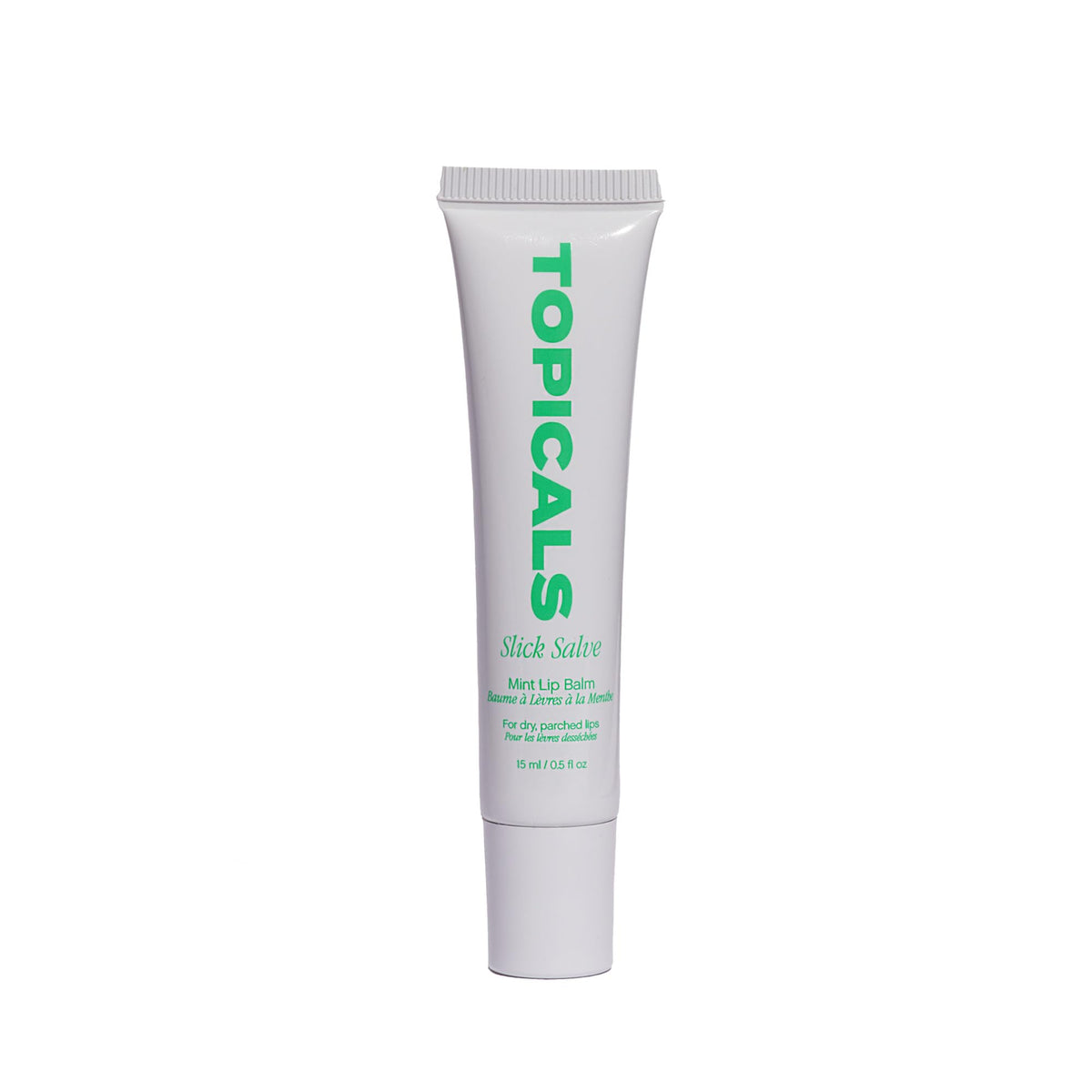 Topicals Slick Salve mint glossy lip balm on white background, radiant moisture boost.