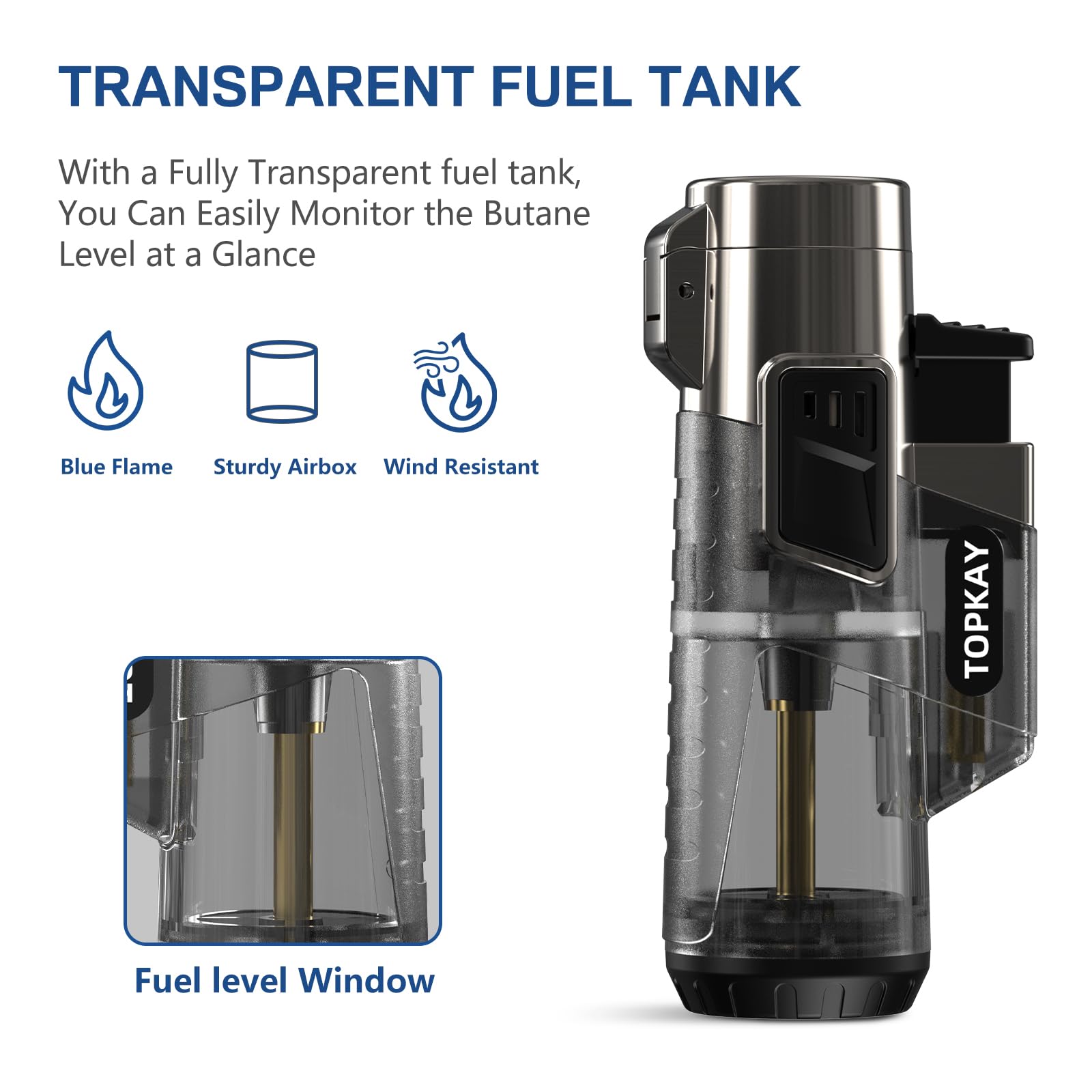 TOPKAY lighter features an oversized flame adjustment wheel for precise control.