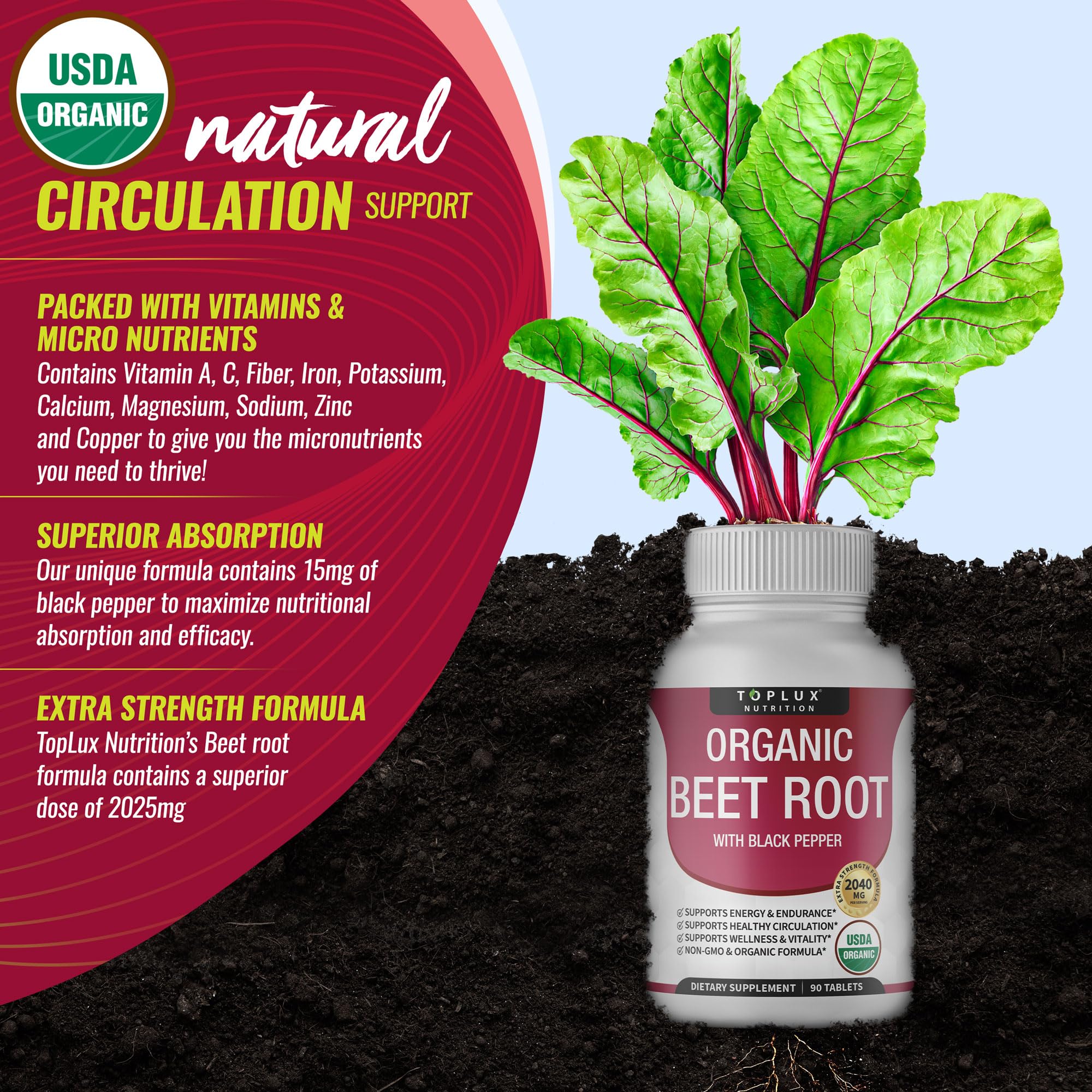 Toplux label close-up on high-potency beet root tablets.