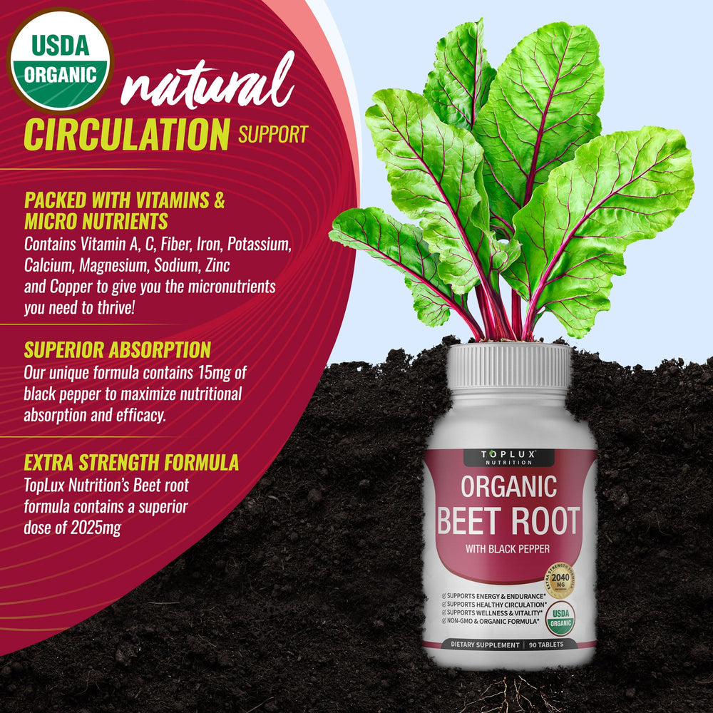 Toplux label close-up on high-potency beet root tablets.