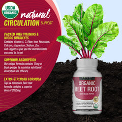 Toplux label close-up on high-potency beet root tablets.