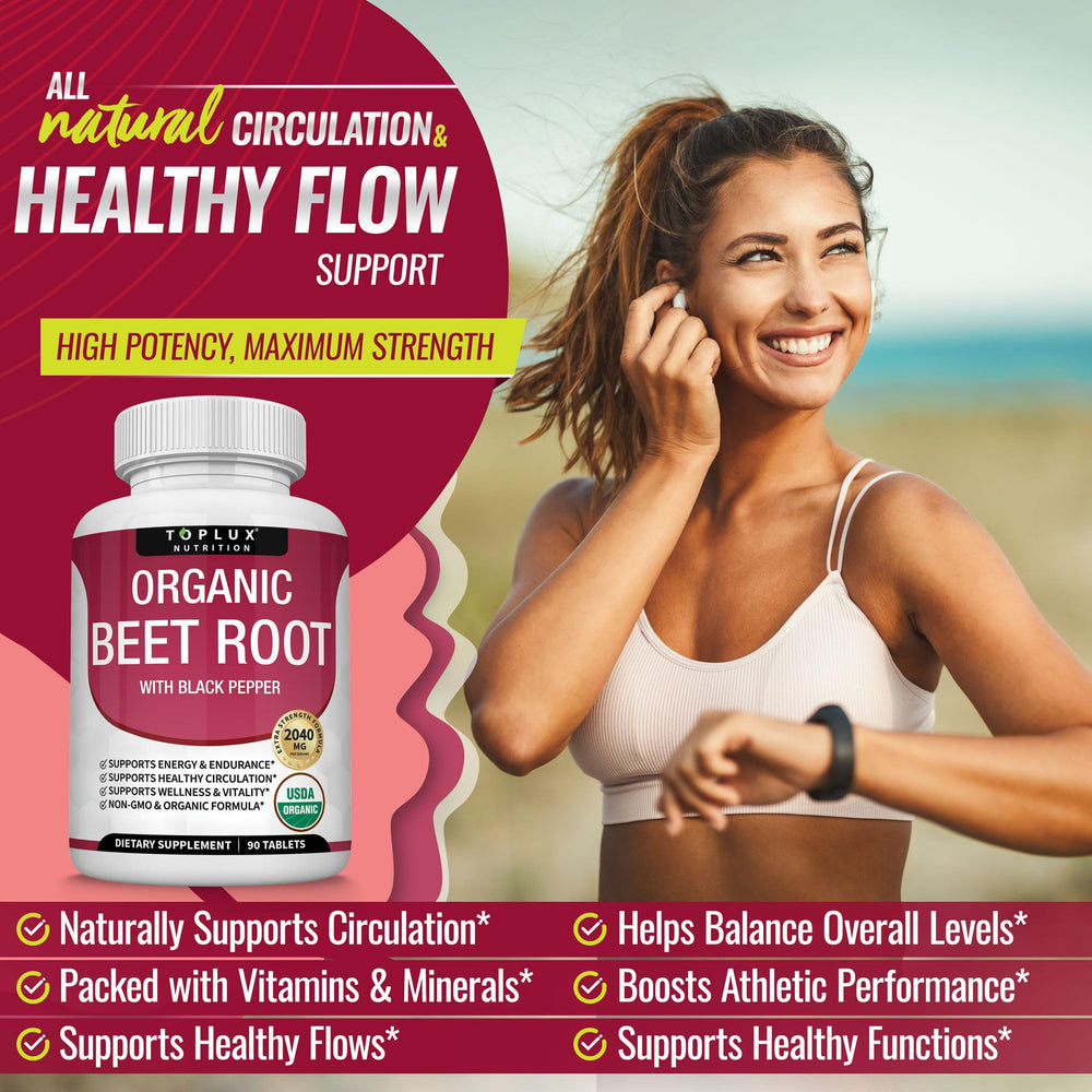 Toplux beet root tablets being poured for a quick daily dose and energy.