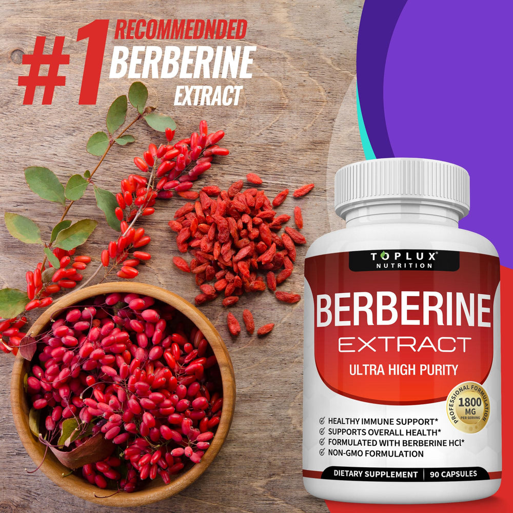 Toplux Berberine bottle on kitchen counter for routine.