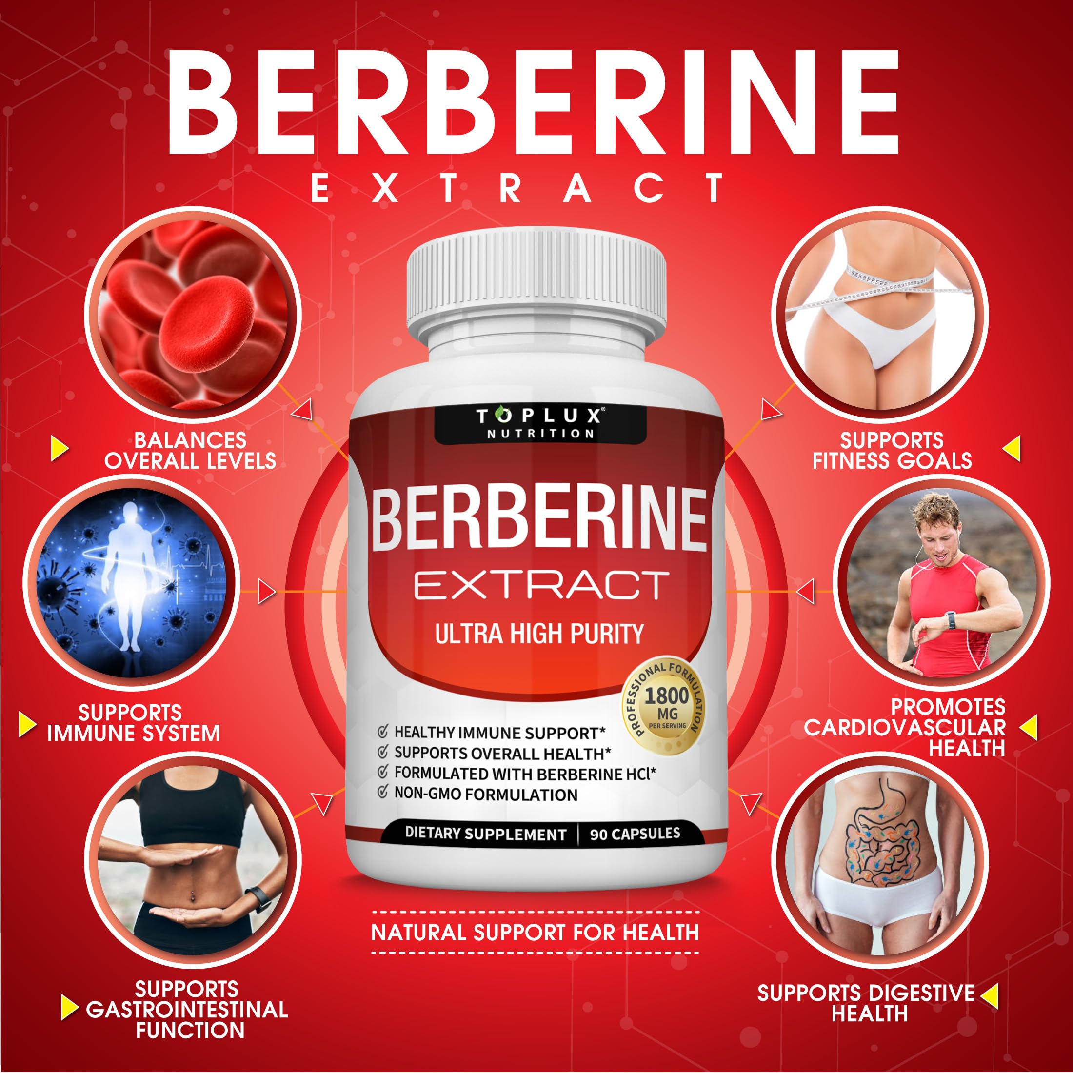 Toplux Berberine HCl 97 percent label emphasizes purity and potency.